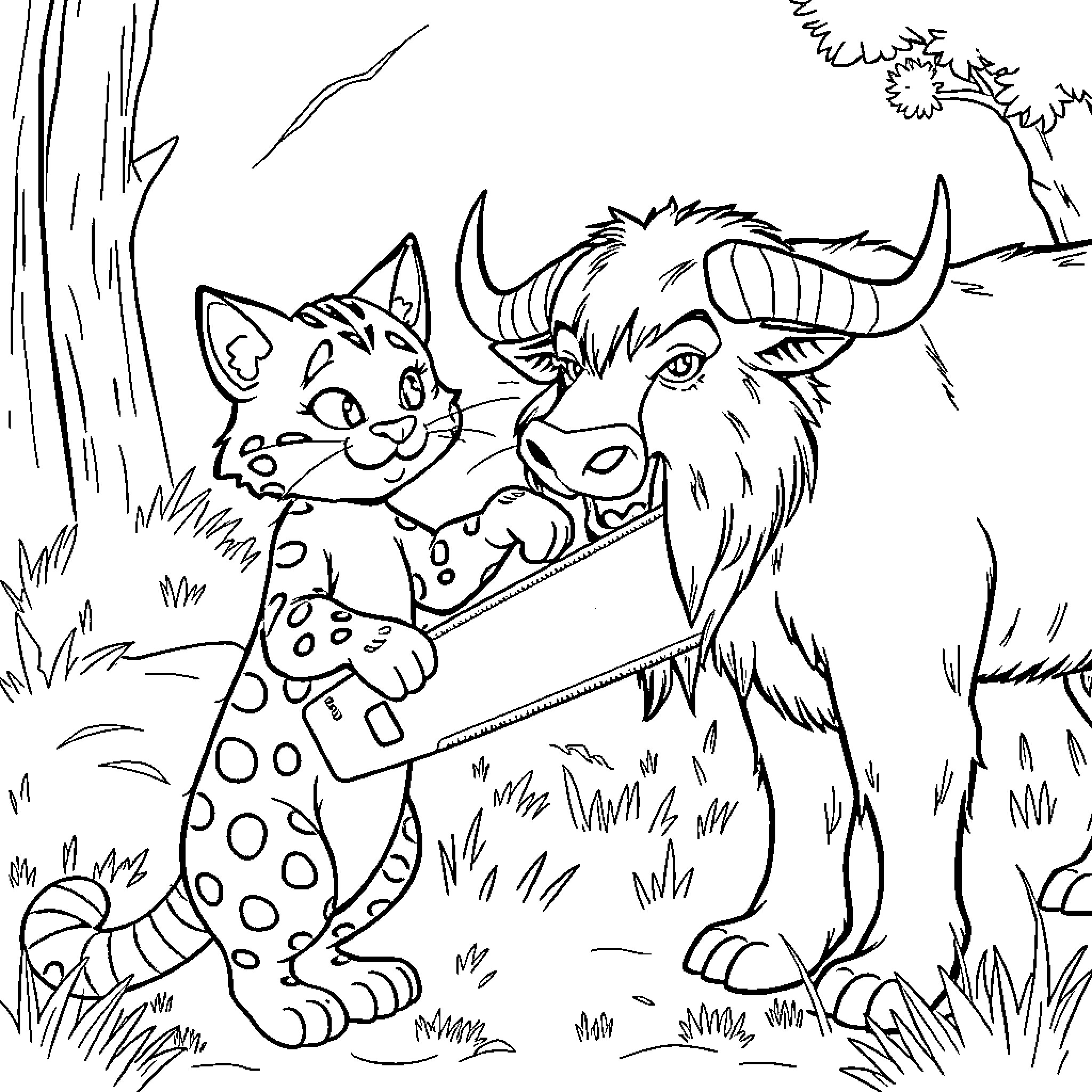 Bobcat and Yak exploring the wilderness Coloring Page (free black-and-white line drawing printable PDF for all, from beginners to advanced learners, including children, teens, adults, and seniors)