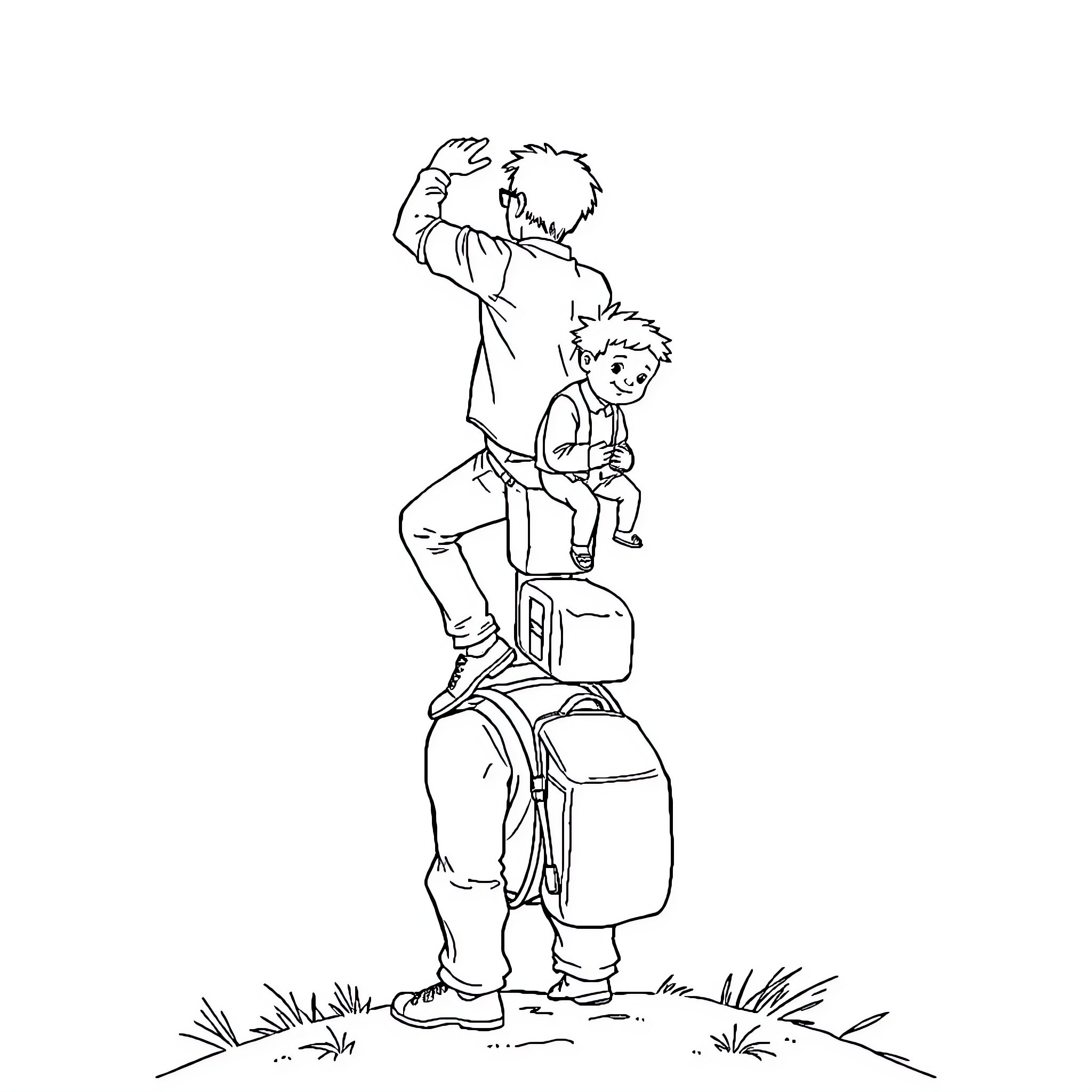 Man carrying young child while hiking with backpacks Coloring Page (free black-and-white line drawing printable PDF for all, from beginners to advanced learners, including children, teens, adults, and seniors)