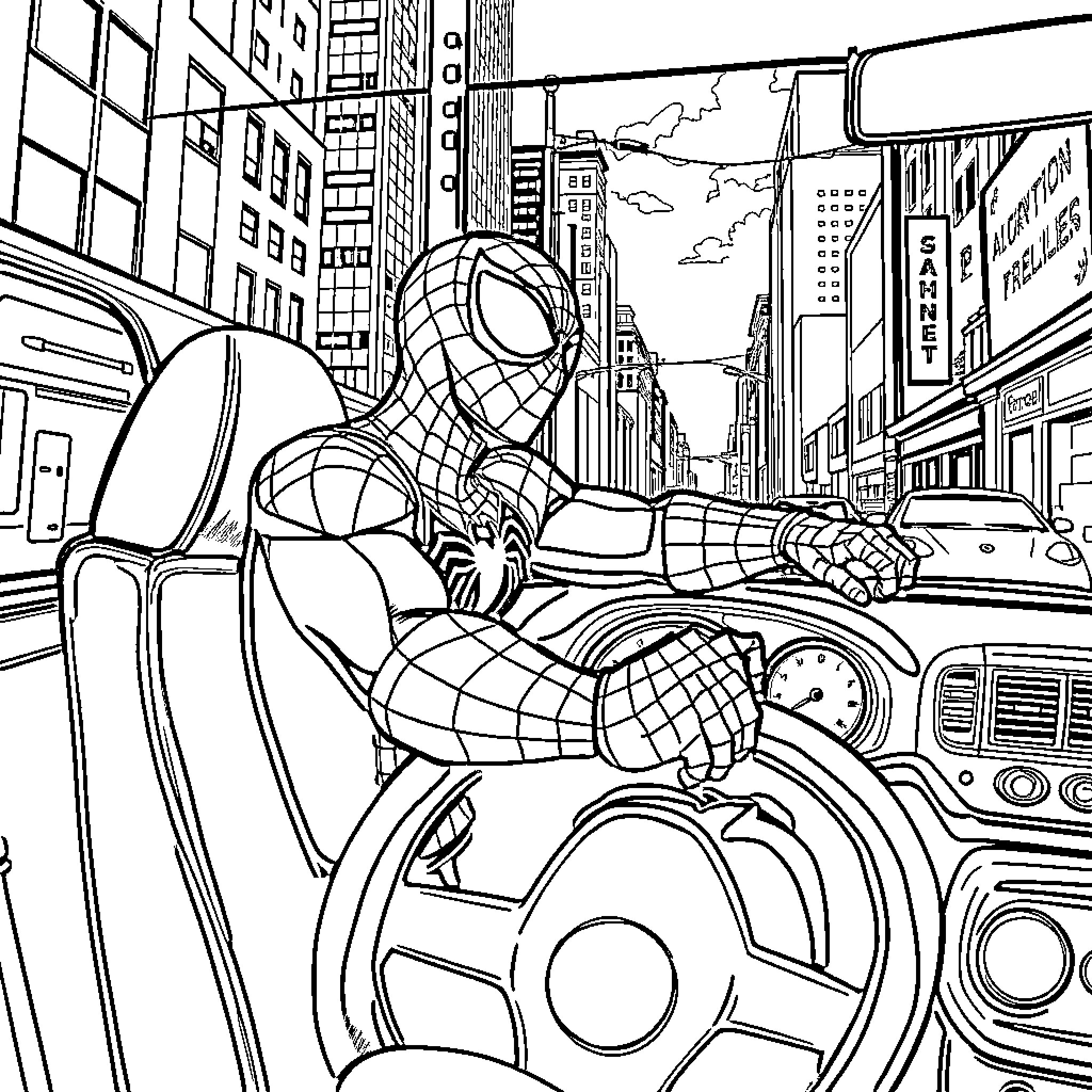 Spiderman driving a car through a busy city street Coloring Page (free black-and-white line drawing printable PDF for all, from beginners to advanced learners, including children, teens, adults, and seniors)