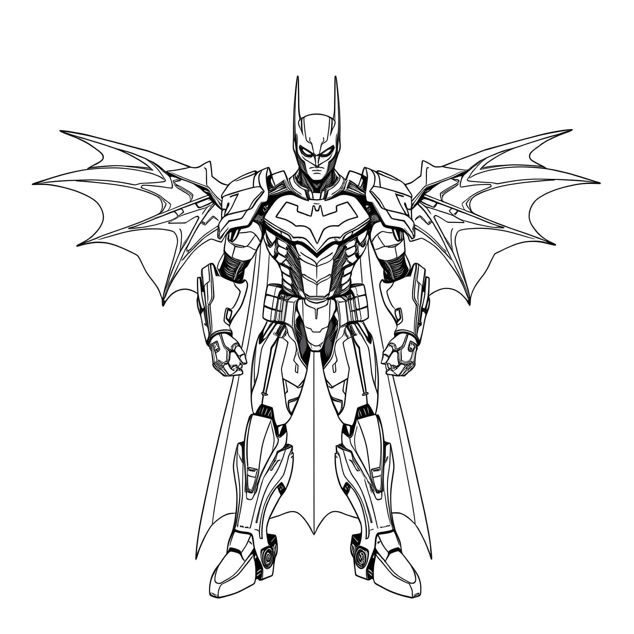 Mecha Batman in Fierce Robotic Pose Coloring Page (free black-and-white line drawing printable PDF for all, from beginners to advanced learners, including children, teens, adults, and seniors)