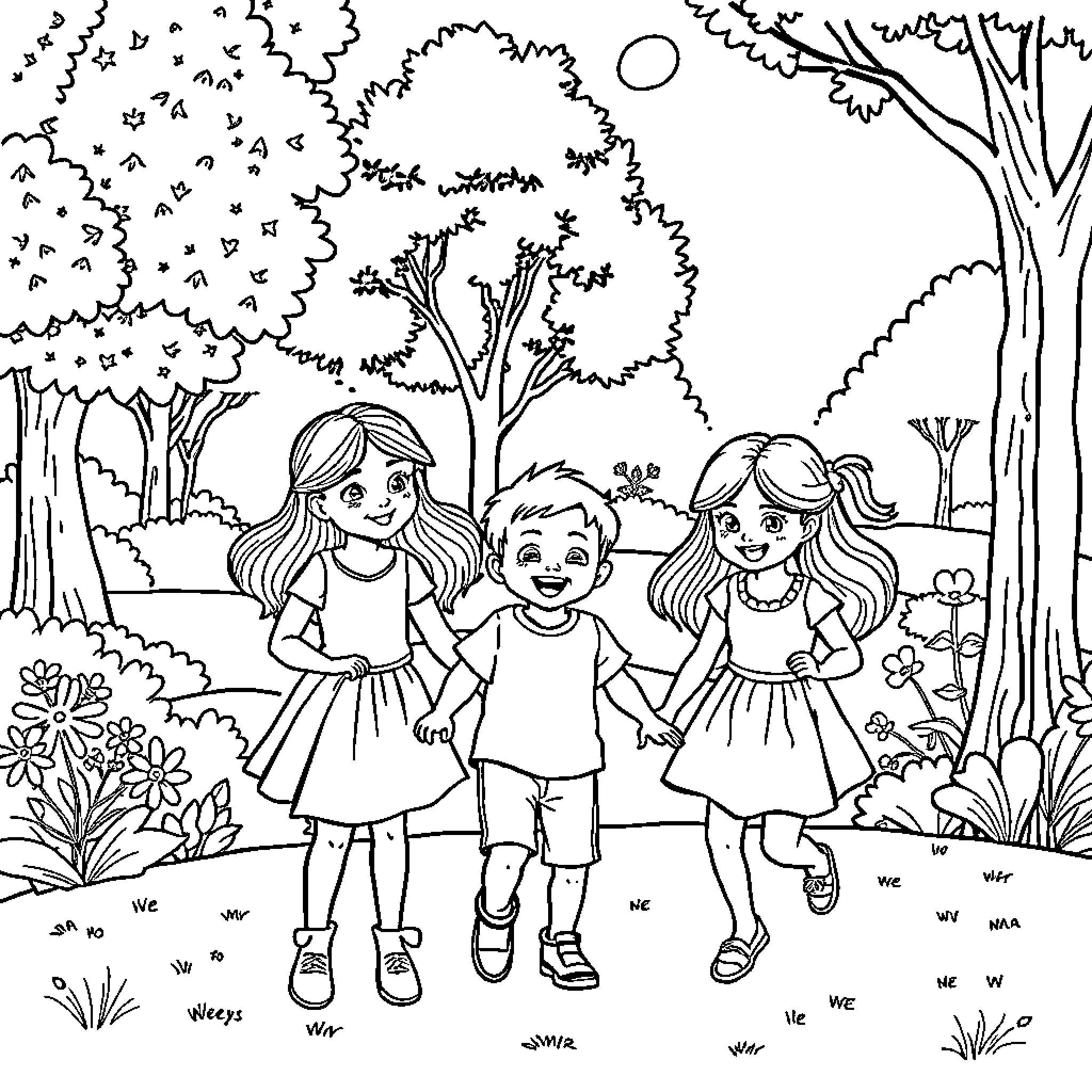 Children playing happily in a forest setting Coloring Page (free black-and-white line drawing printable PDF for all, from beginners to advanced learners, including children, teens, adults, and seniors)
