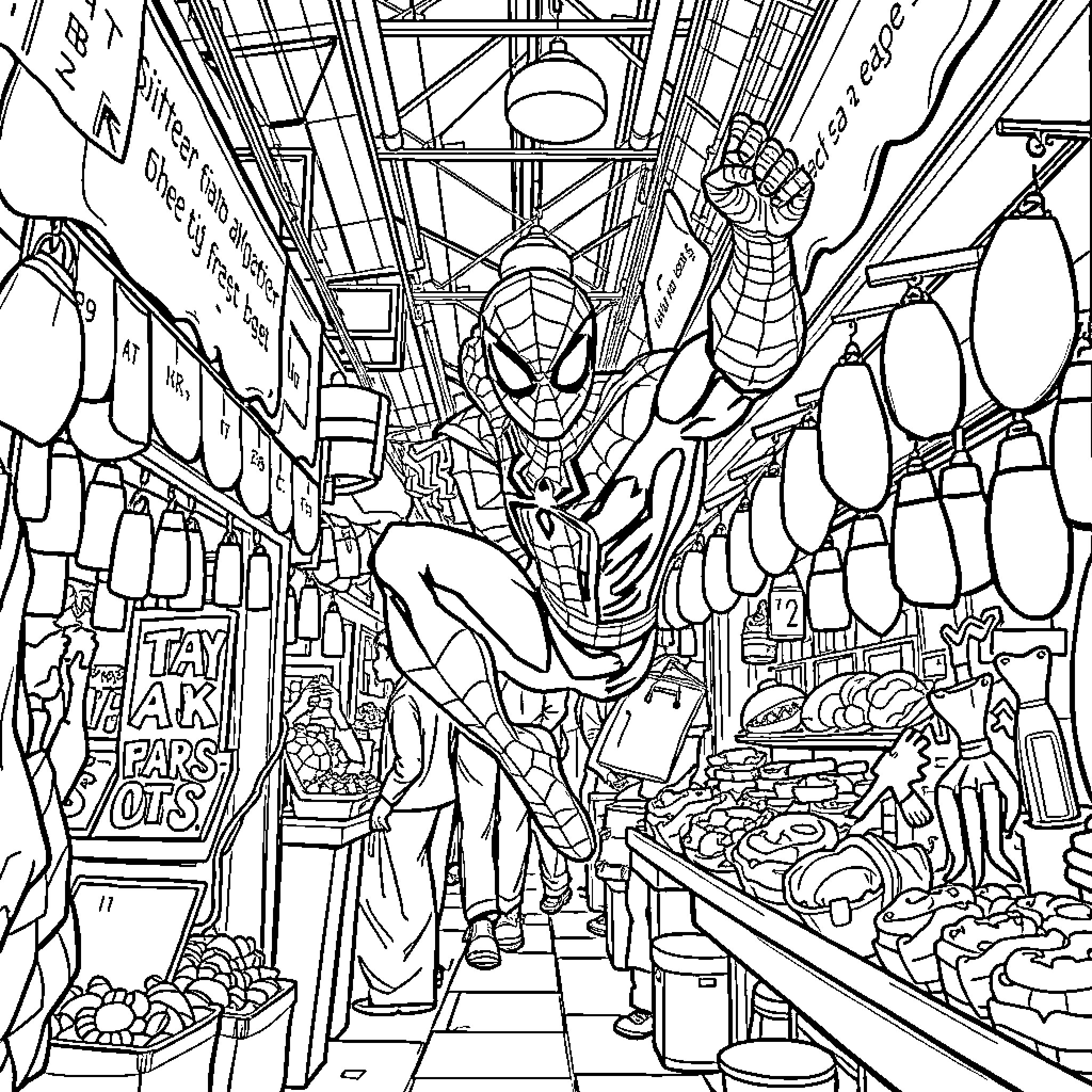 Spiderman swinging through a busy marketplace Coloring Page (free black-and-white line drawing printable PDF for all, from beginners to advanced learners, including children, teens, adults, and seniors)