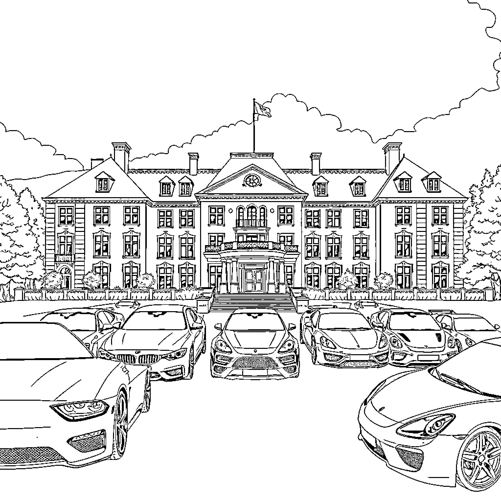 Mansion with elegant automobiles in the driveway Coloring Page (free black-and-white line drawing printable PDF for all, from beginners to advanced learners, including children, teens, adults, and seniors)