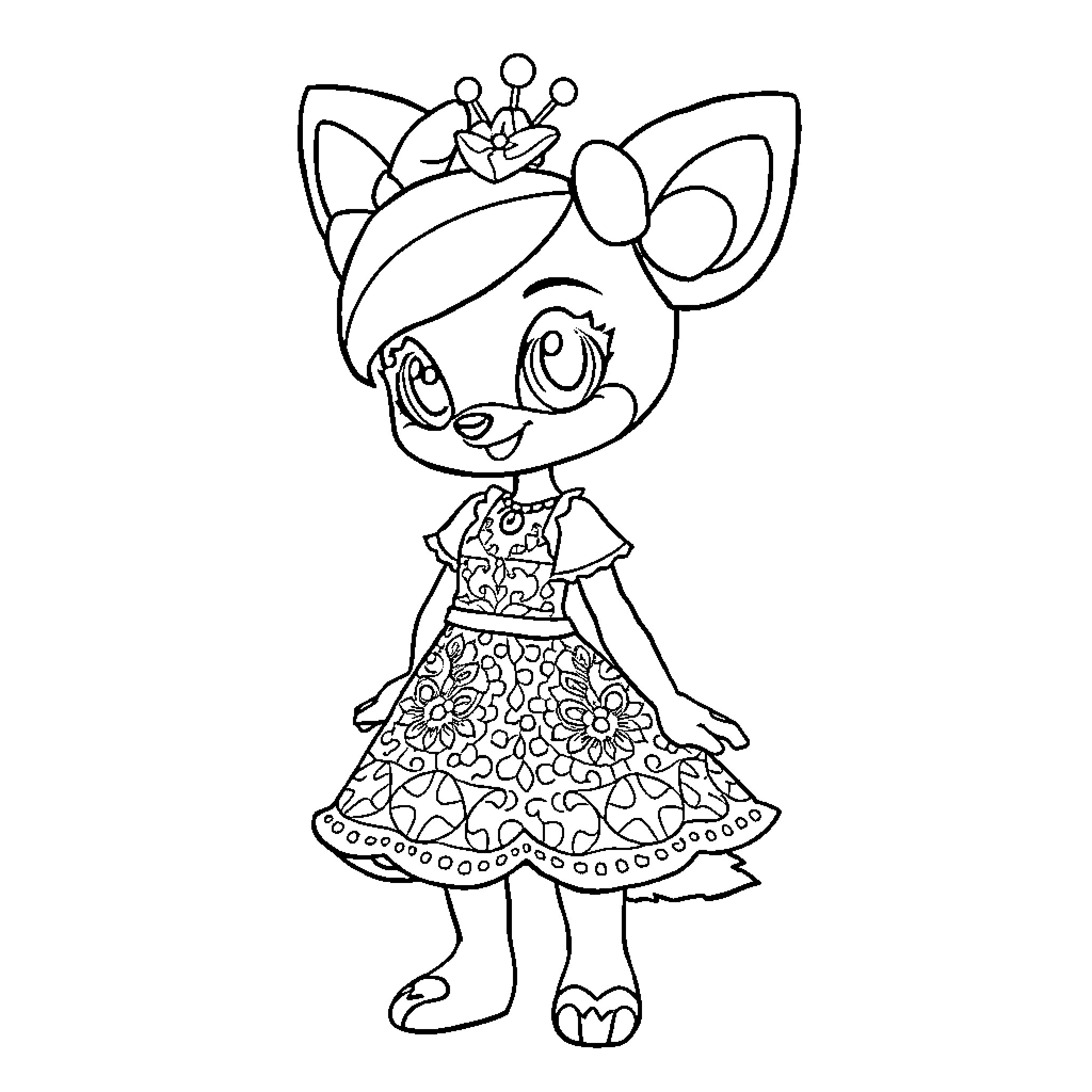 Neeko in a Flowery Dress and Crown Coloring Page (free black-and-white line drawing printable PDF for all, from beginners to advanced learners, including children, teens, adults, and seniors)