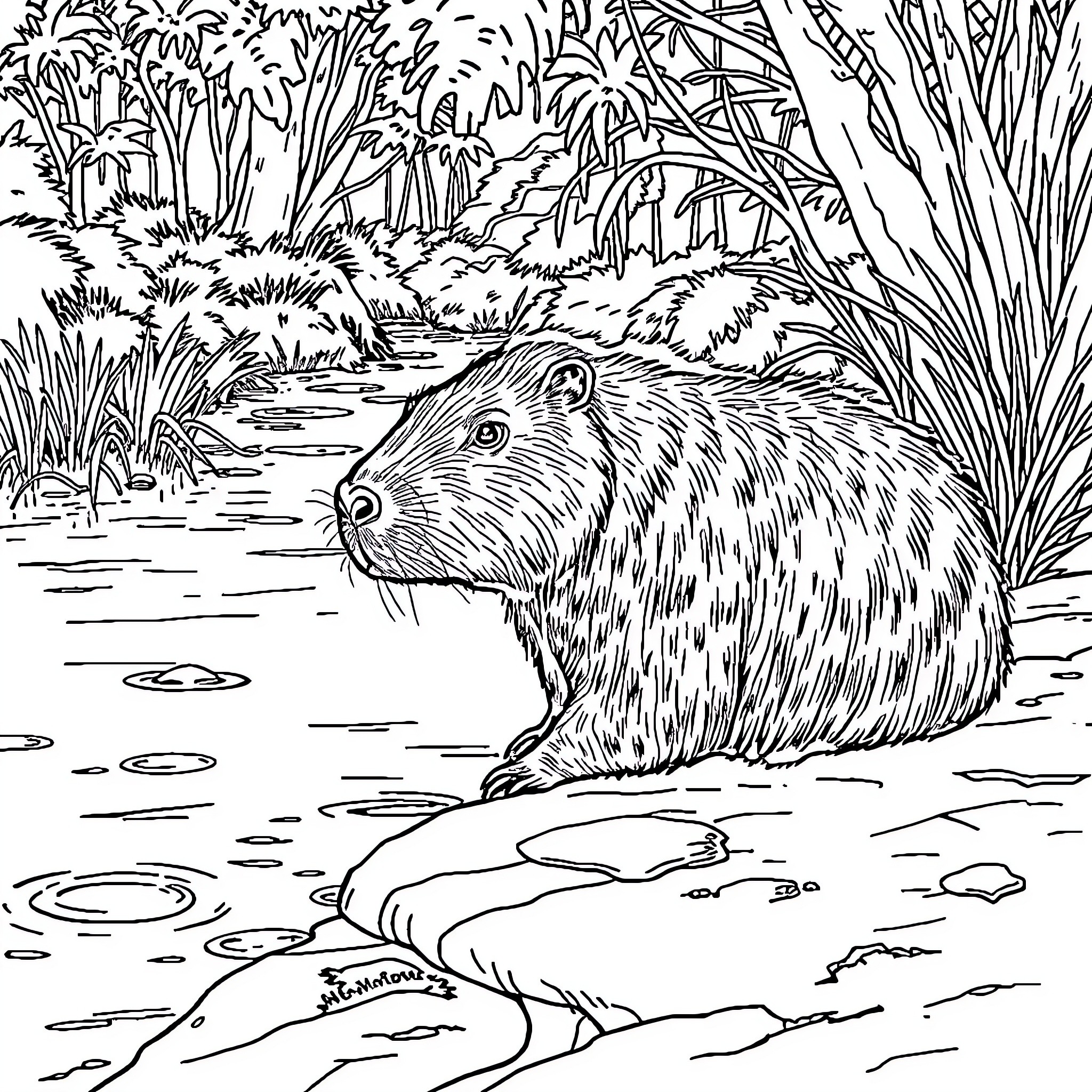 Capybara enjoying the tranquil wetland scenery Coloring Page (free black-and-white line drawing printable PDF for all, from beginners to advanced learners, including children, teens, adults, and seniors)