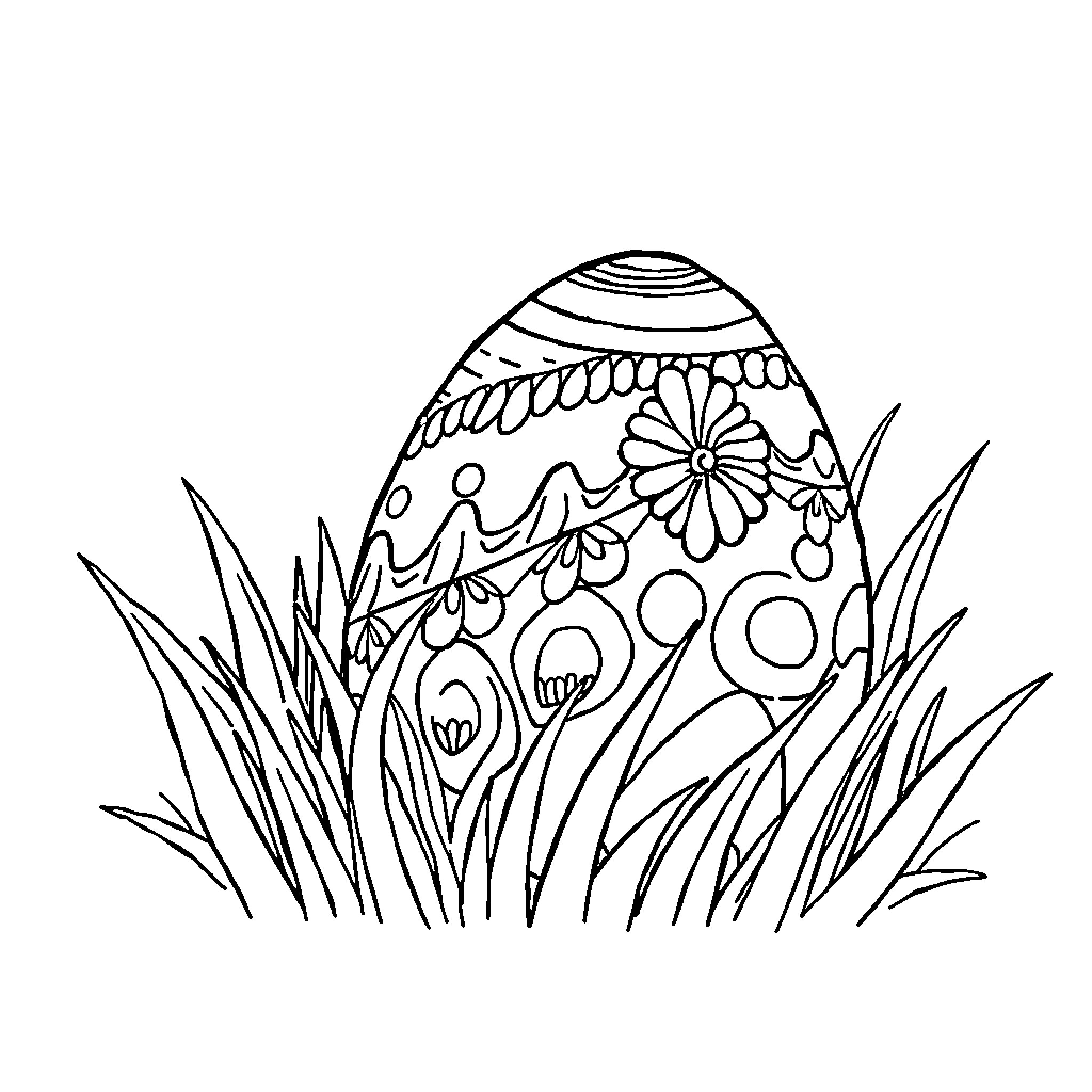 Egg in floral field with patterns Coloring Page (free black-and-white line drawing printable PDF for all, from beginners to advanced learners, including children, teens, adults, and seniors)