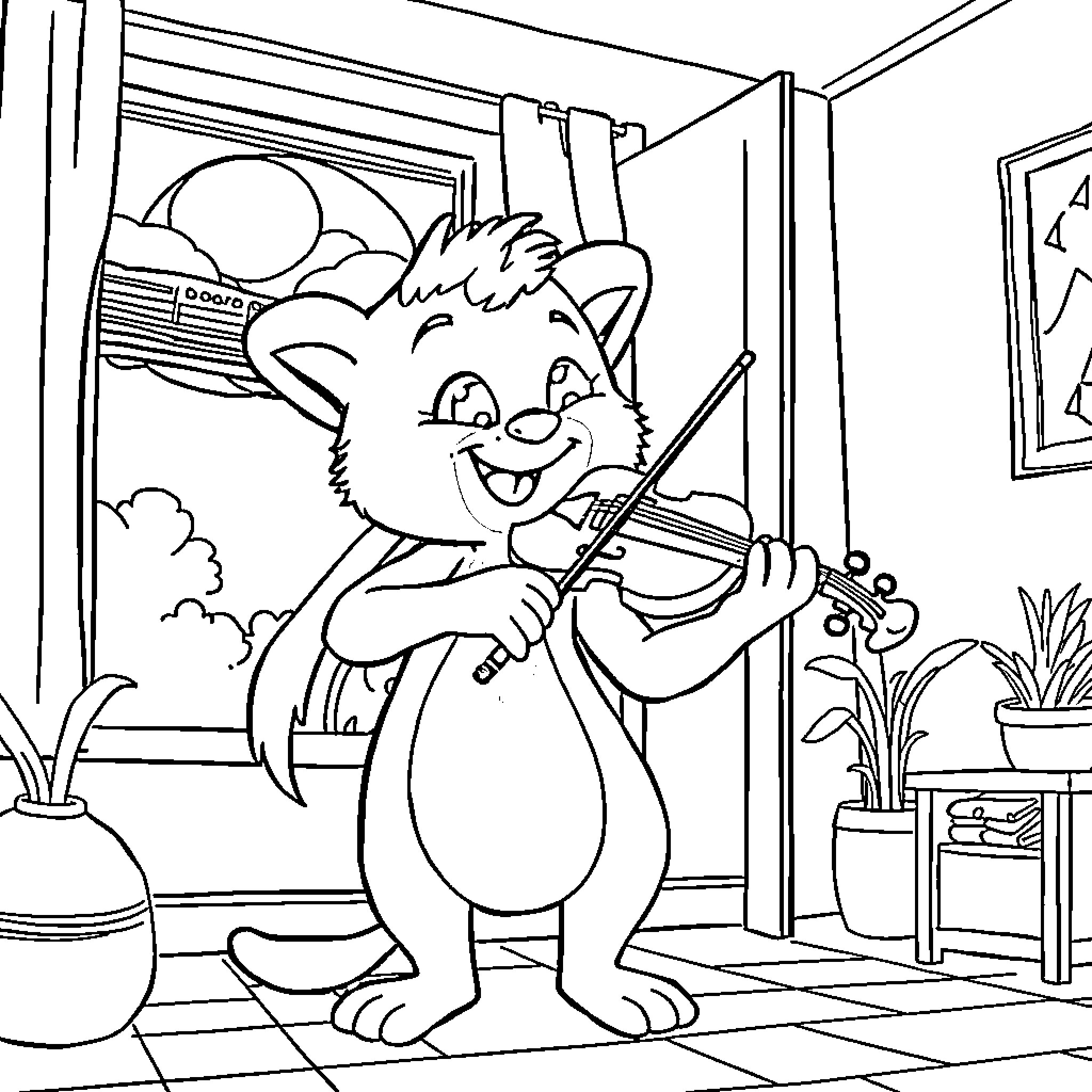 Bluey playing joyfully with a violin at home Coloring Page (free black-and-white line drawing printable PDF for all, from beginners to advanced learners, including children, teens, adults, and seniors)