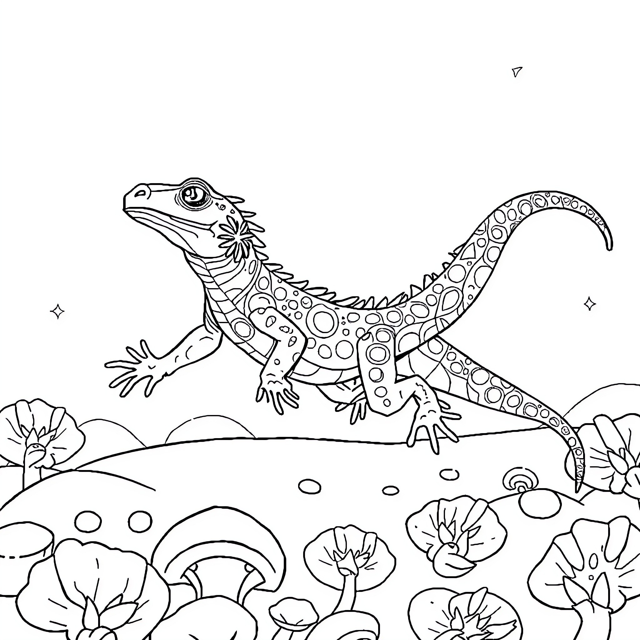 Rey Lagarto exploring the enchanting forest landscape Coloring Page (free black-and-white line drawing printable PDF for all, from beginners to advanced learners, including children, teens, adults, and seniors)