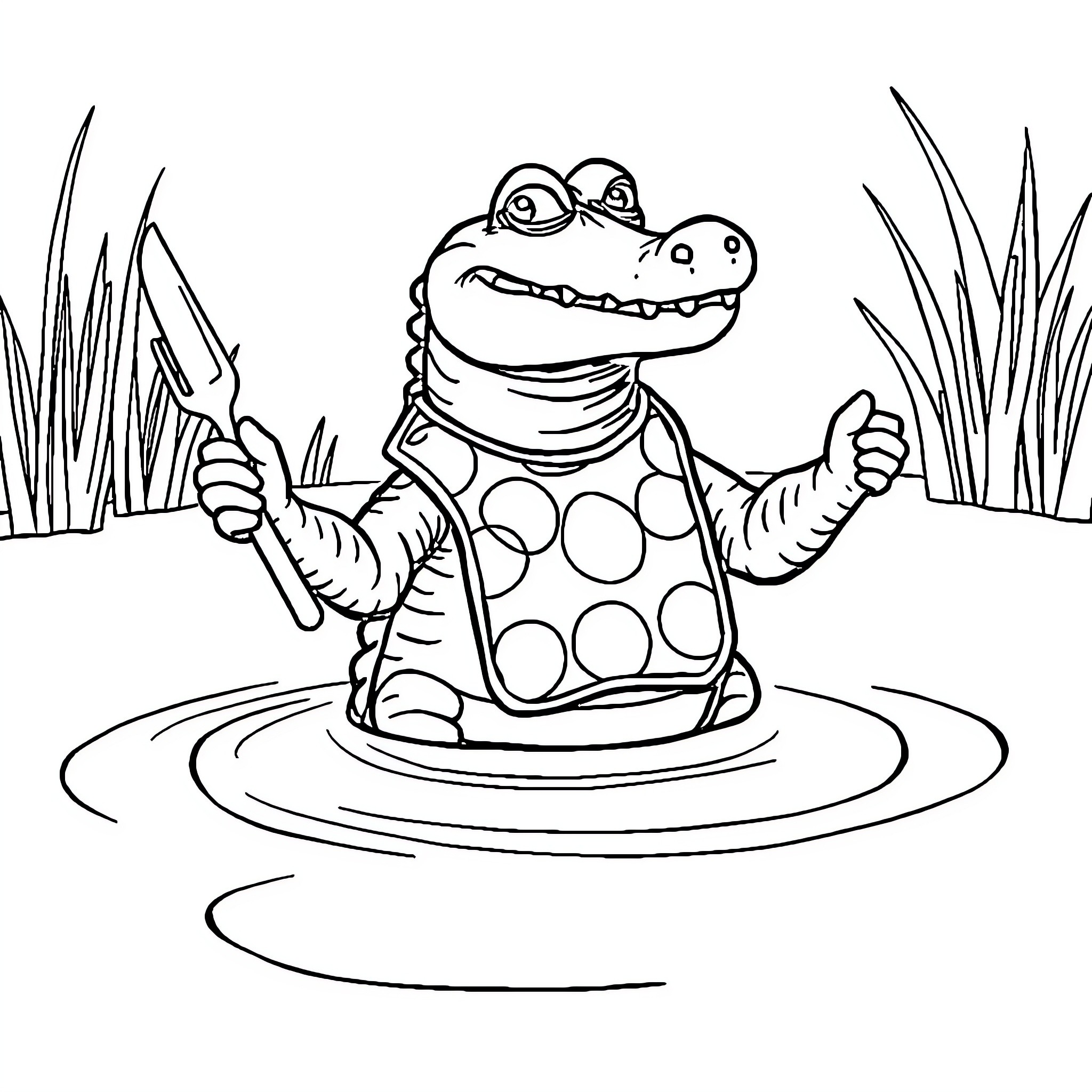 Alligator fishing with spear in the pond Coloring Page (free black-and-white line drawing printable PDF for all, from beginners to advanced learners, including children, teens, adults, and seniors)