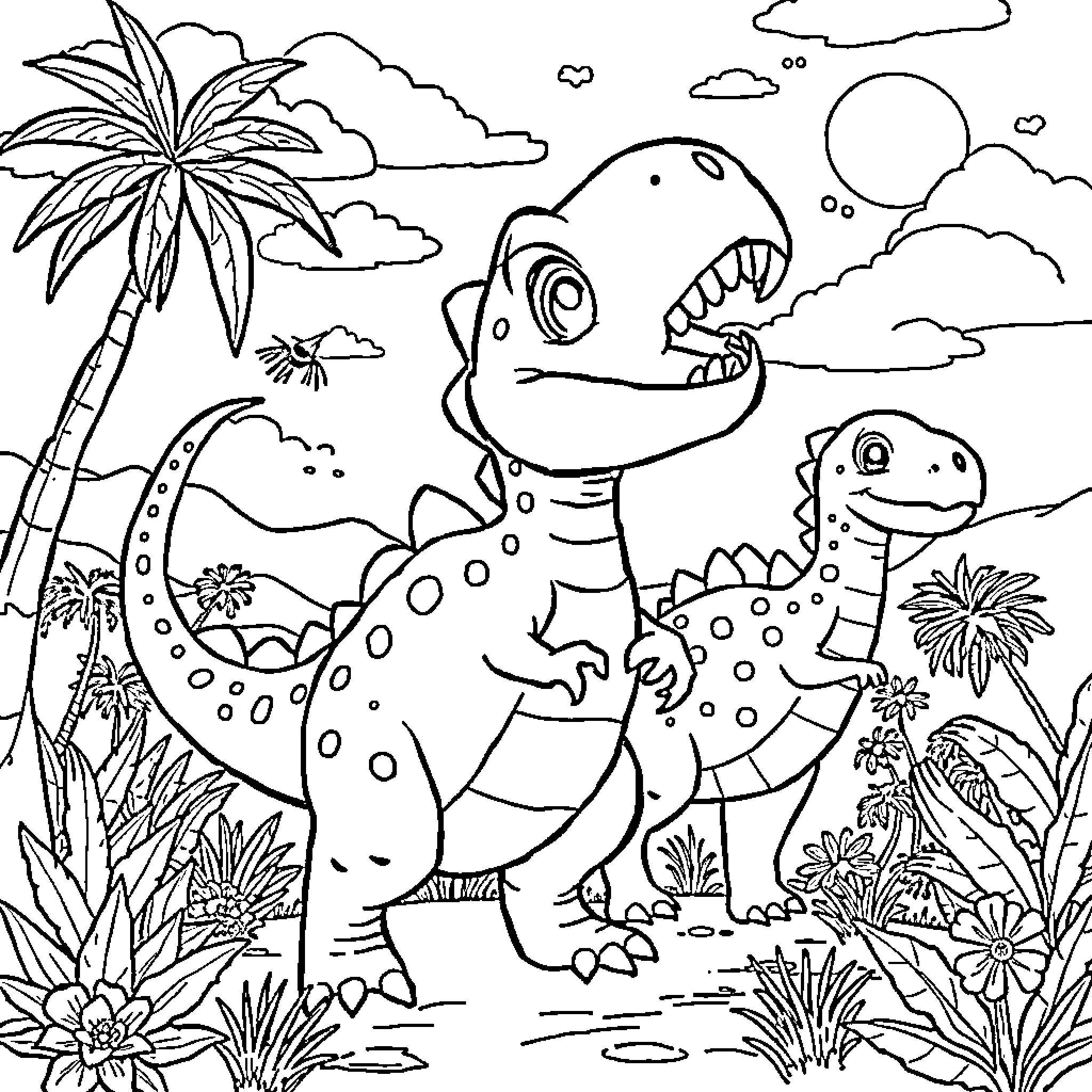 Dinosaurs in a tropical landscape Coloring Page (free black-and-white line drawing printable PDF for all, from beginners to advanced learners, including children, teens, adults, and seniors)