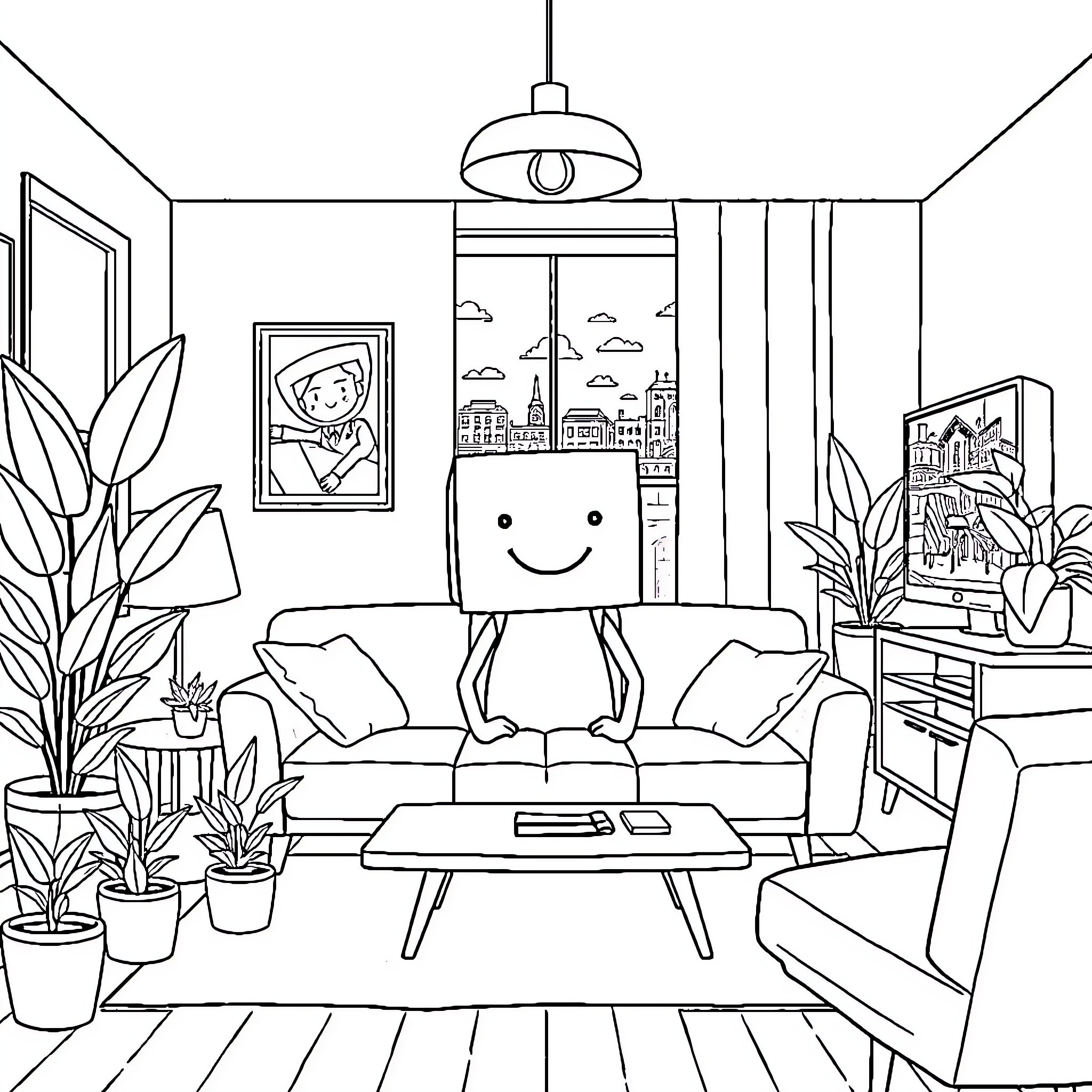 Box-Head Character in a Cozy Living Room Setting Coloring Page (free black-and-white line drawing printable PDF for all, from beginners to advanced learners, including children, teens, adults, and seniors)