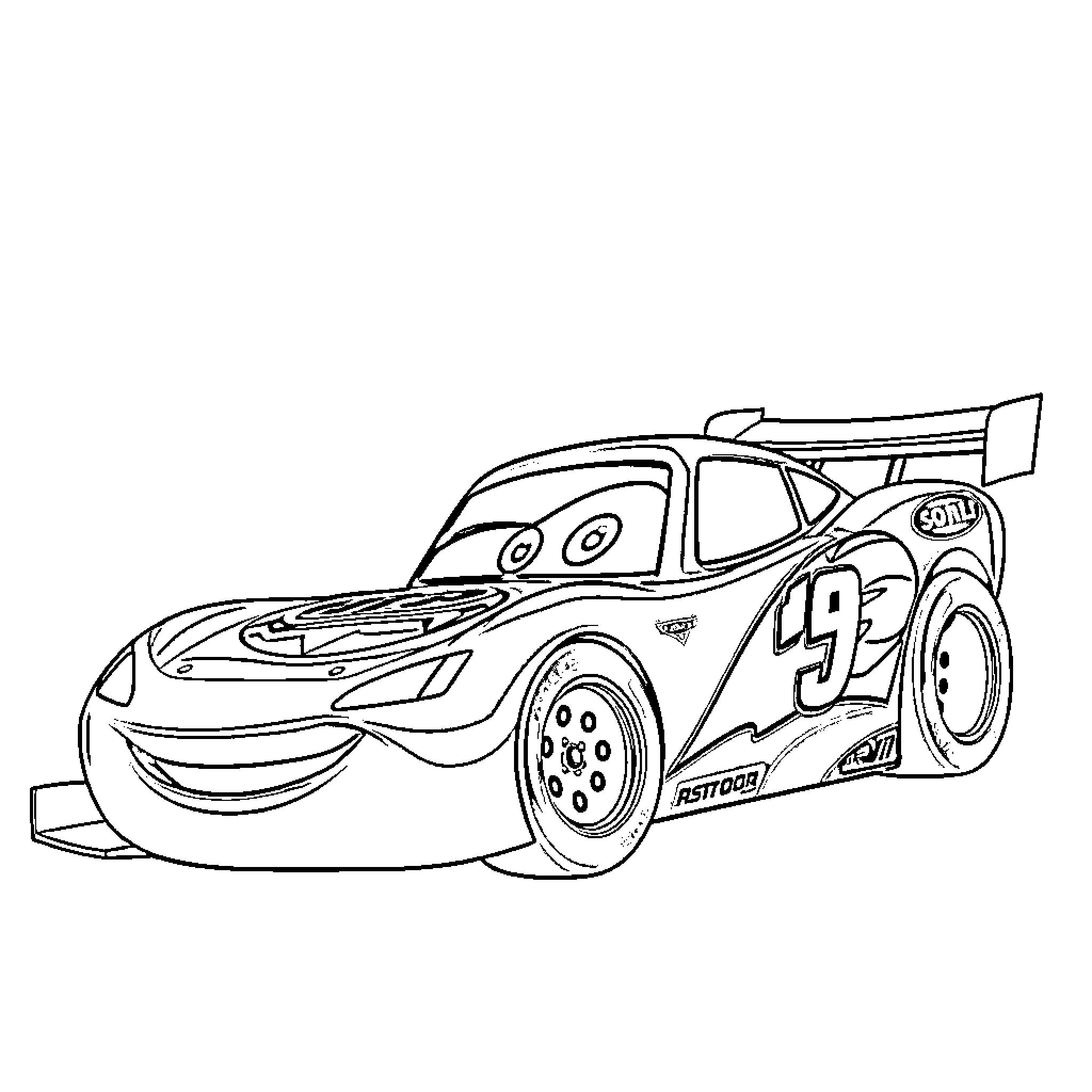 Lightning McQueen racing car in action Coloring Page (free black-and-white line drawing printable PDF for all, from beginners to advanced learners, including children, teens, adults, and seniors)