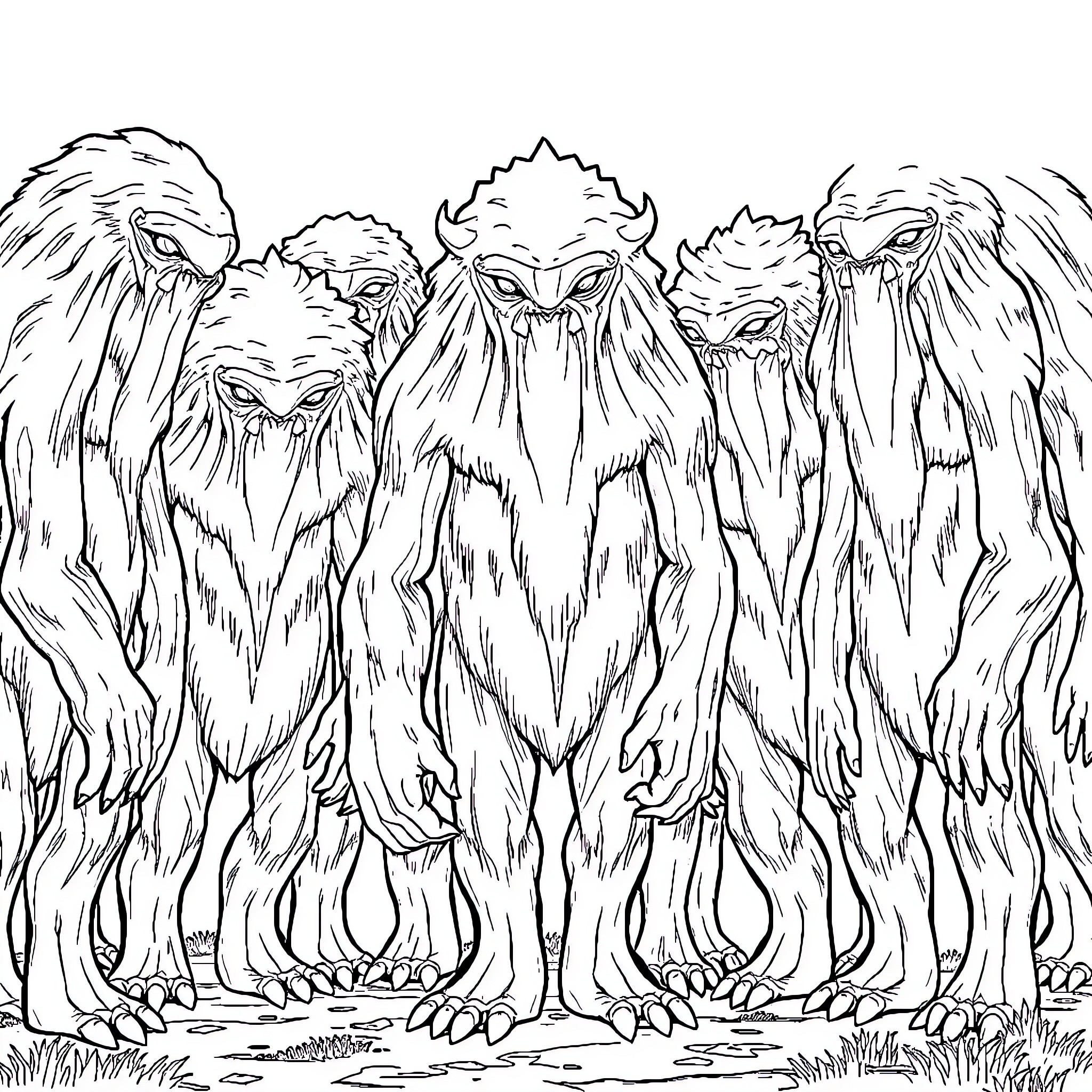 Violet Creatures in a Mystical Realm Coloring Page (free black-and-white line drawing printable PDF for all, from beginners to advanced learners, including children, teens, adults, and seniors)