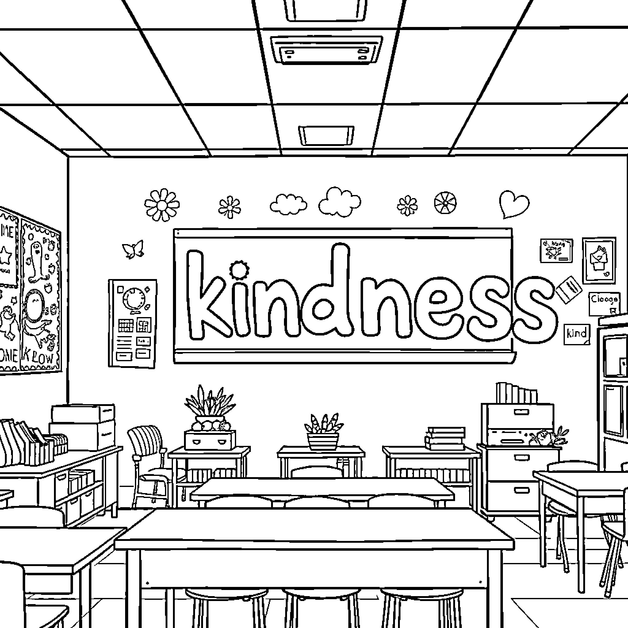 Classroom Scene with Focus on Kindness Coloring Page (free black-and-white line drawing printable PDF for all, from beginners to advanced learners, including children, teens, adults, and seniors)