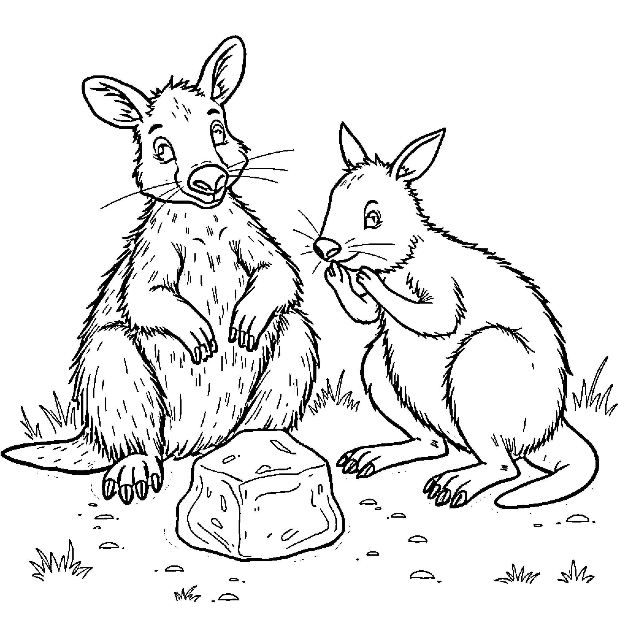 Wombats exploring a rocky landscape Coloring Page (free black-and-white line drawing printable PDF for all, from beginners to advanced learners, including children, teens, adults, and seniors)