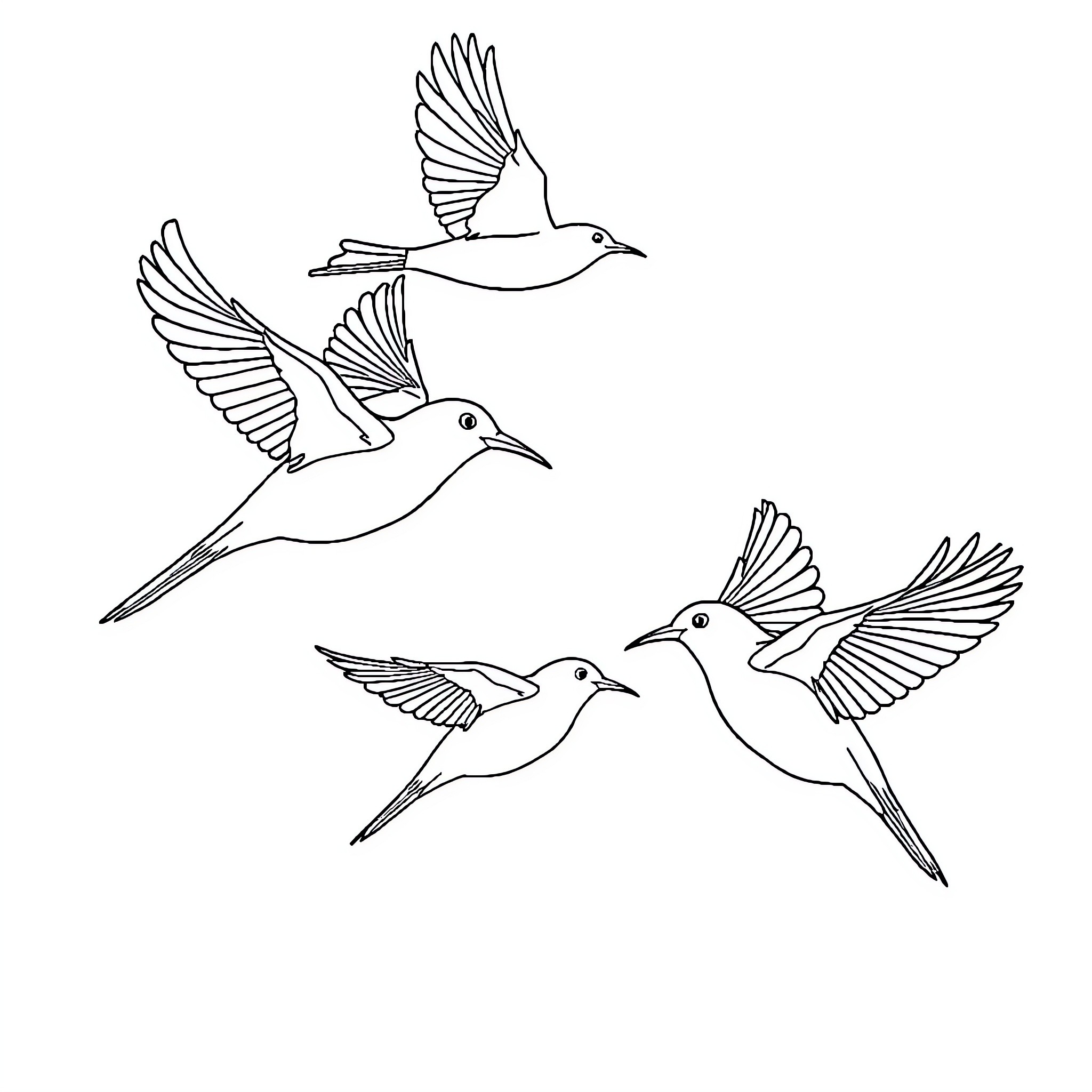 Birds soaring gracefully in the sky Coloring Page (free black-and-white line drawing printable PDF for all, from beginners to advanced learners, including children, teens, adults, and seniors)