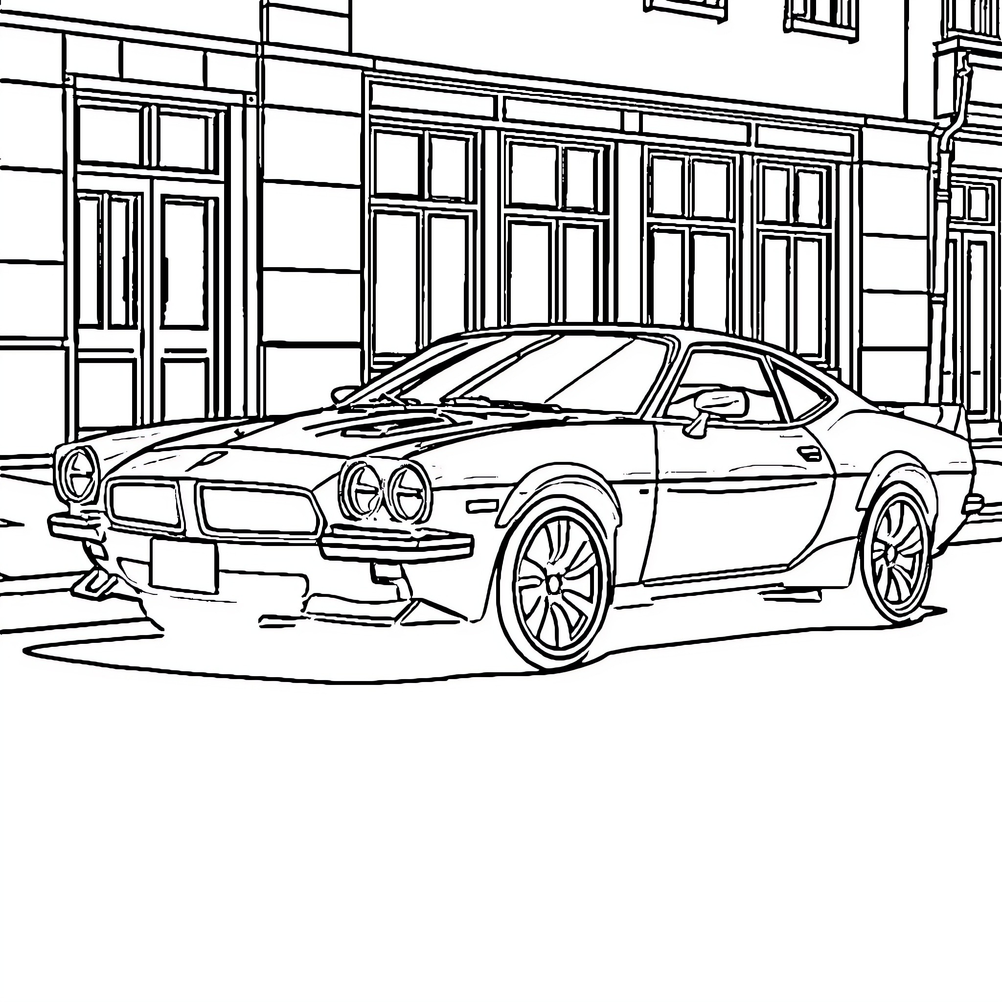 Car parked outside urban building Coloring Page (free black-and-white line drawing printable PDF for all, from beginners to advanced learners, including children, teens, adults, and seniors)