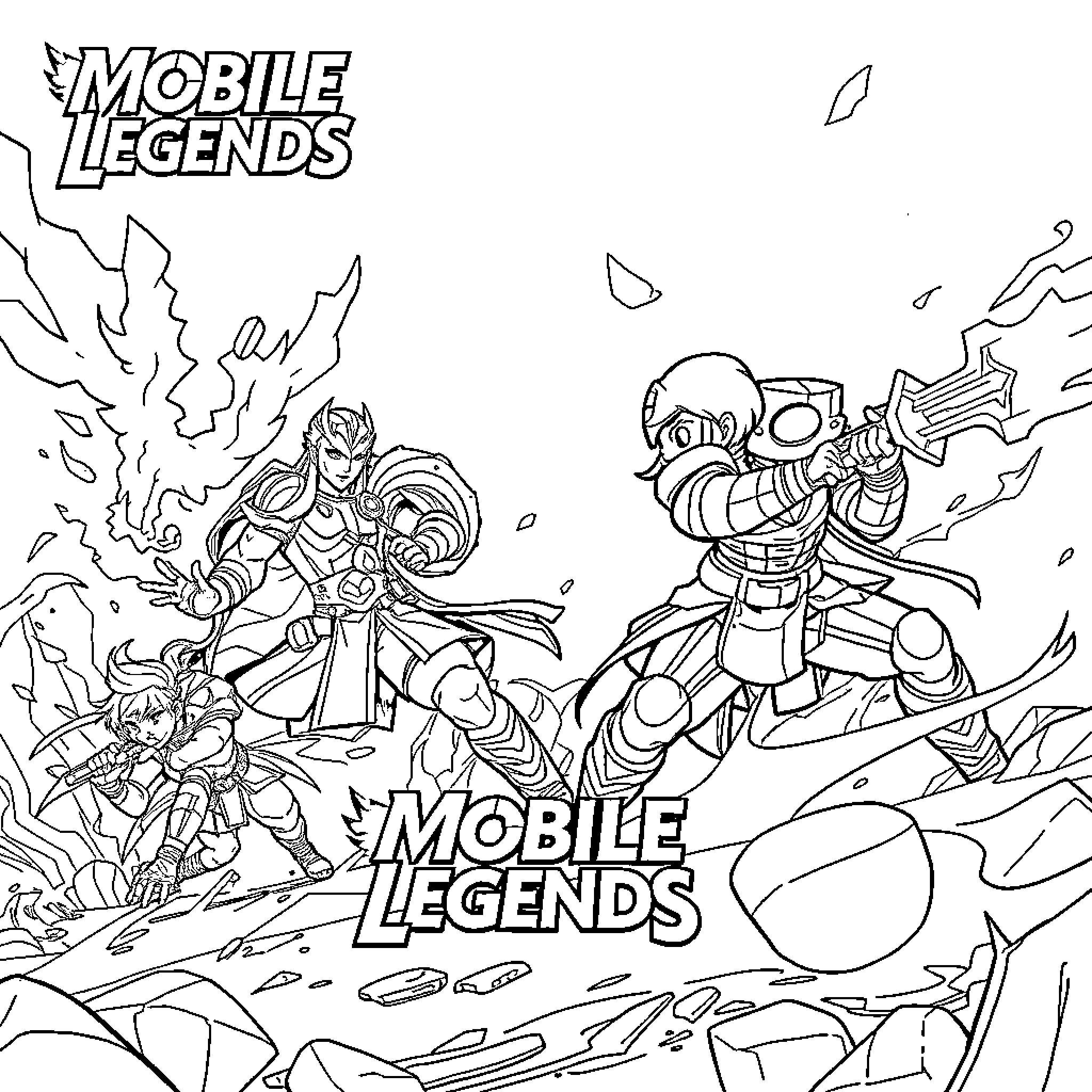 Mobile Legend Characters in Epic Battle Scene Coloring Page (free black-and-white line drawing printable PDF for all, from beginners to advanced learners, including children, teens, adults, and seniors)
