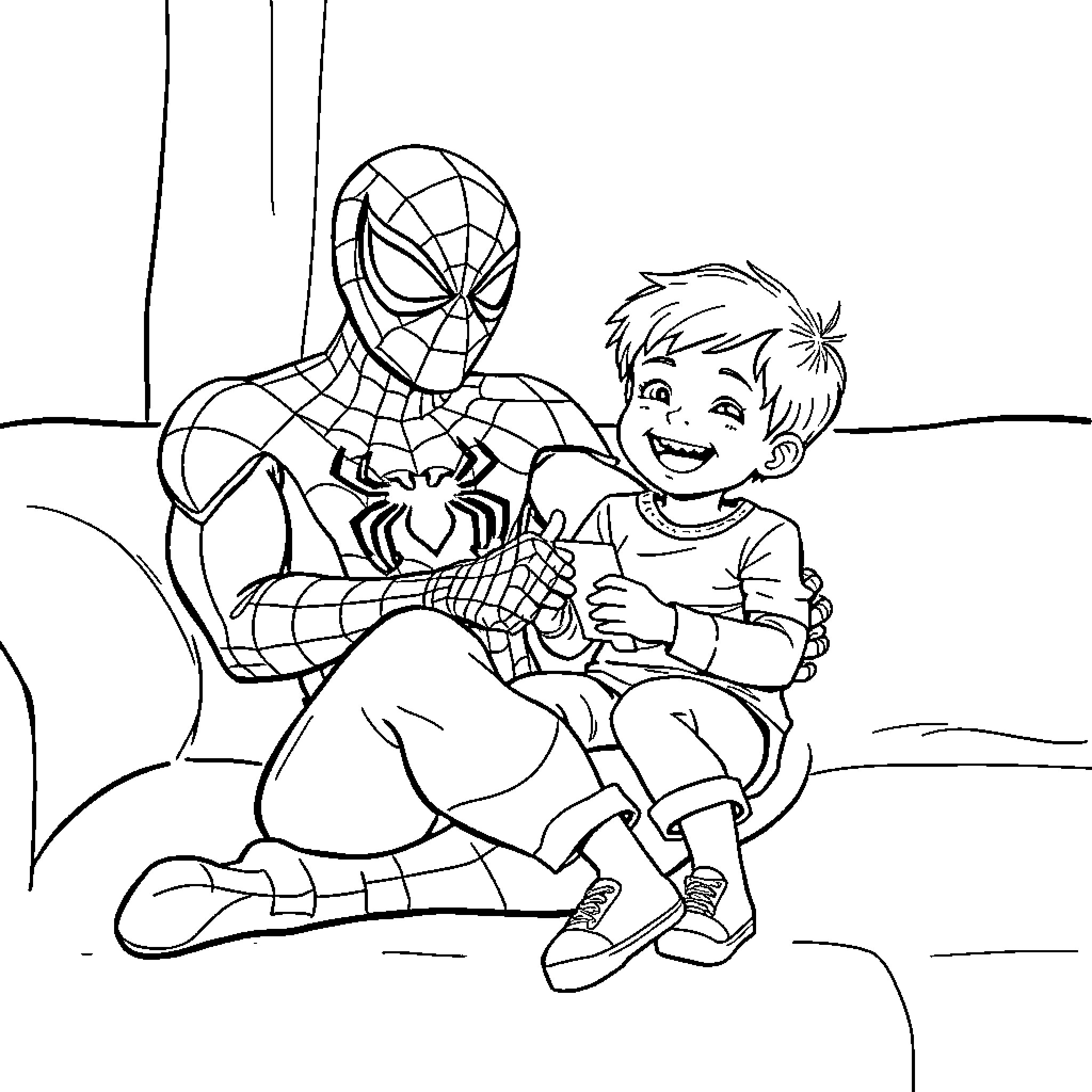 Spider-Man playing with young boy Coloring Page (free black-and-white line drawing printable PDF for all, from beginners to advanced learners, including children, teens, adults, and seniors)