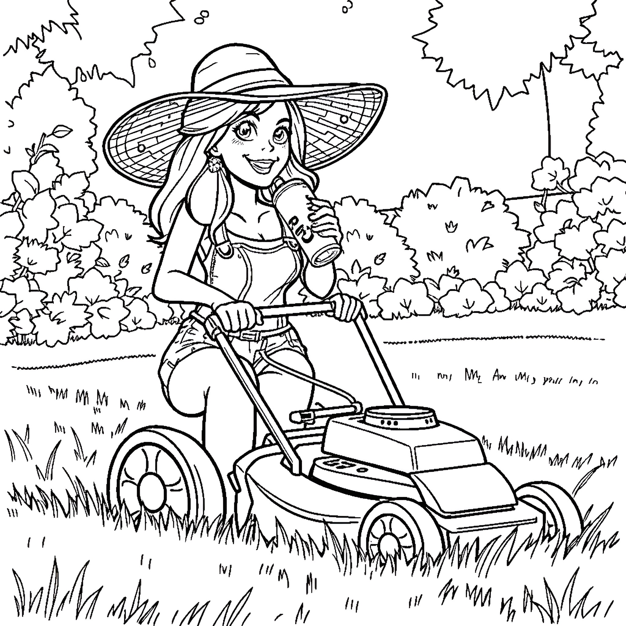 Lady mowing the lawn in a garden setting Coloring Page (free black-and-white line drawing printable PDF for all, from beginners to advanced learners, including children, teens, adults, and seniors)