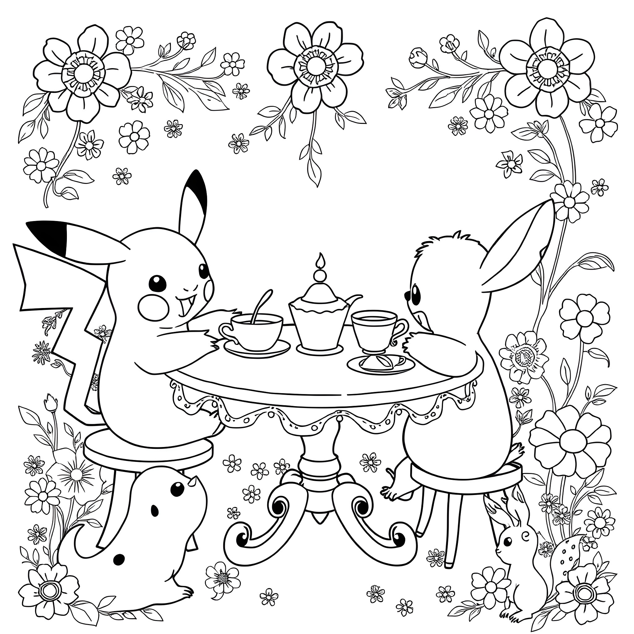 Pikachu and friends have a tea party in the garden Coloring Page (free black-and-white line drawing printable PDF for all, from beginners to advanced learners, including children, teens, adults, and seniors)