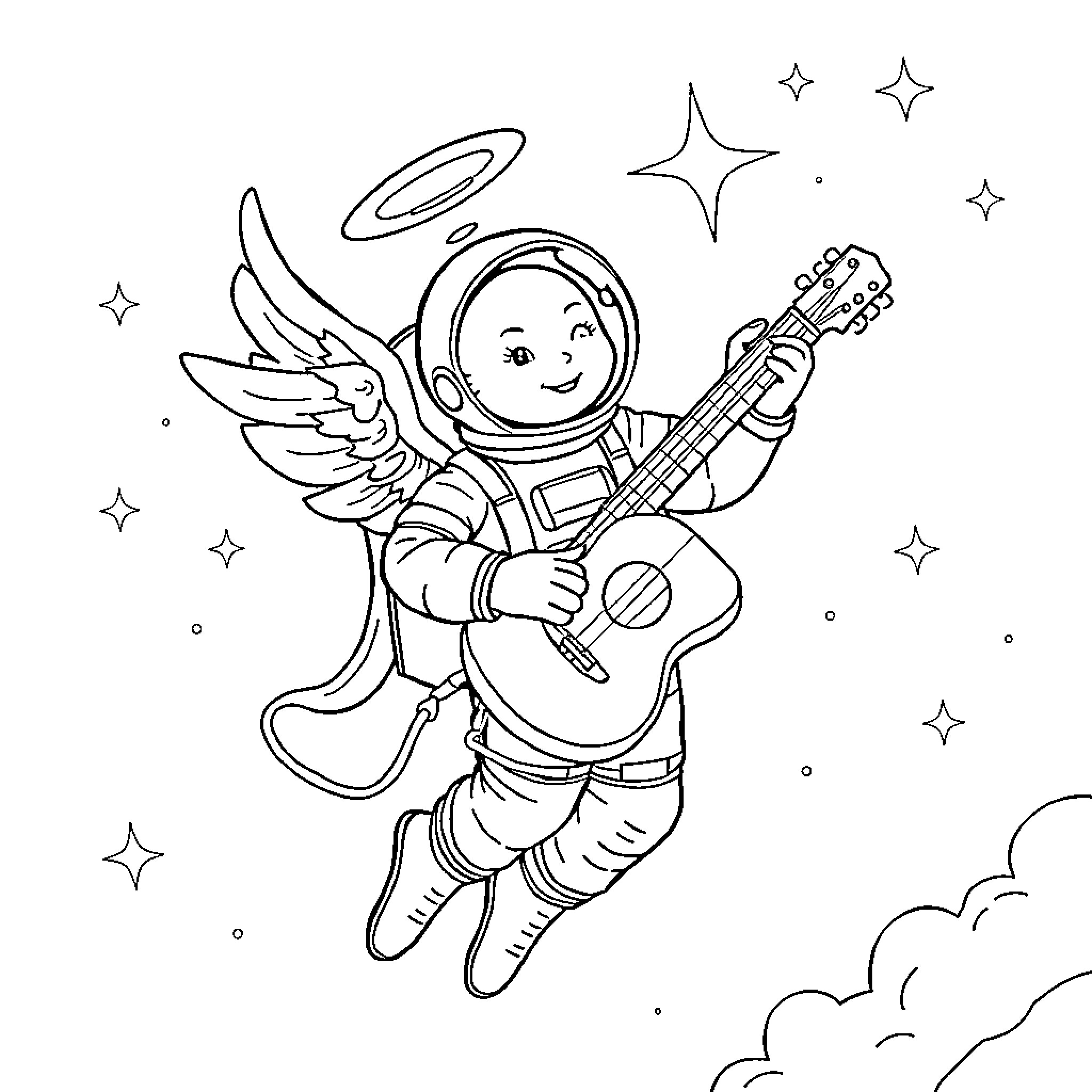 Astronaut playing guitar in the starry night Coloring Page (free black-and-white line drawing printable PDF for all, from beginners to advanced learners, including children, teens, adults, and seniors)