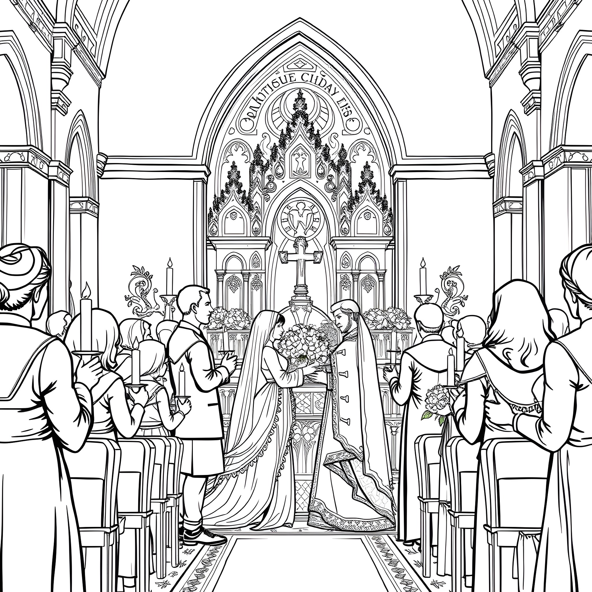 Wedding ceremony in a majestic church Coloring Page (free black-and-white line drawing printable PDF for all, from beginners to advanced learners, including children, teens, adults, and seniors)