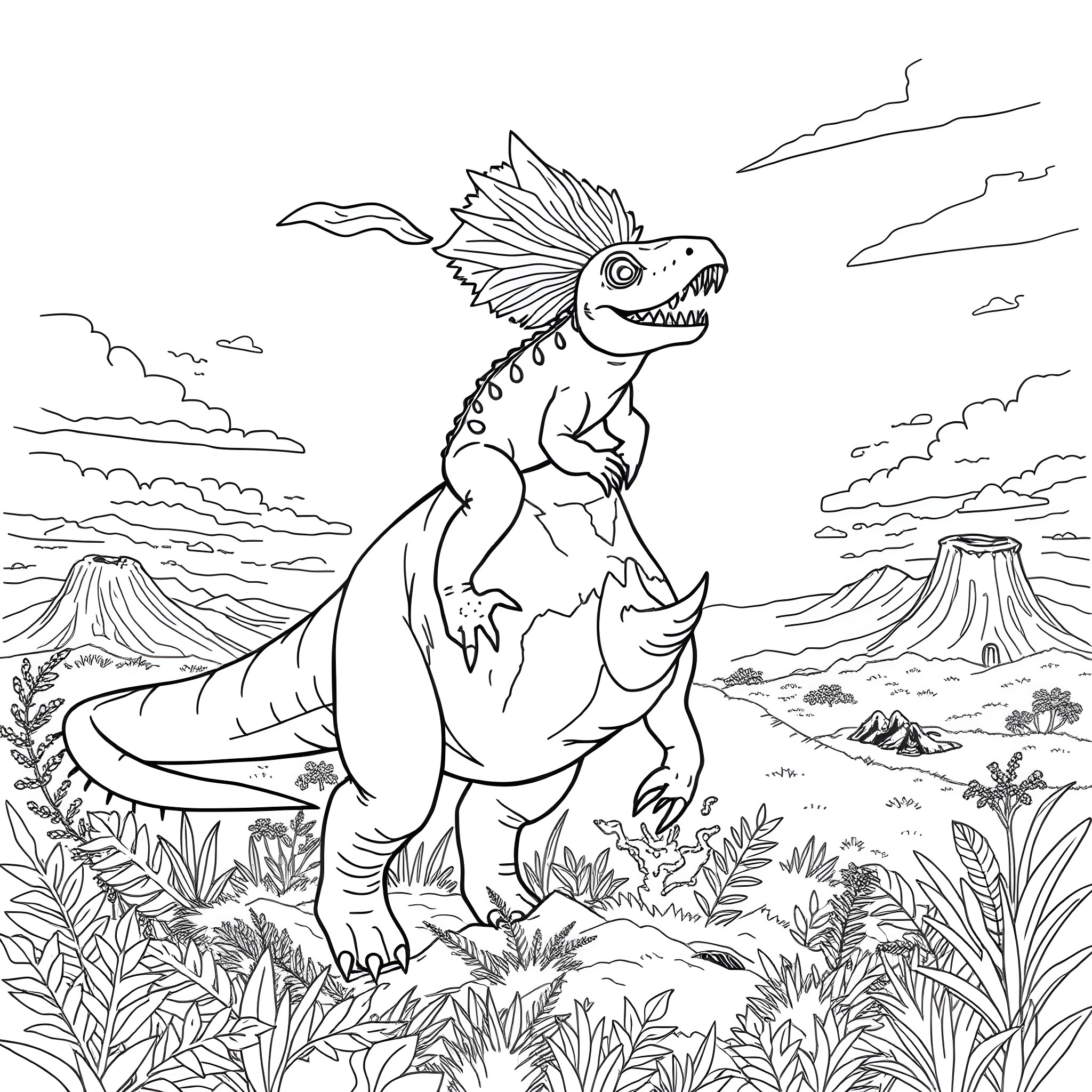 Axolotl exploring the prehistoric landscape Coloring Page (free black-and-white line drawing printable PDF for all, from beginners to advanced learners, including children, teens, adults, and seniors)