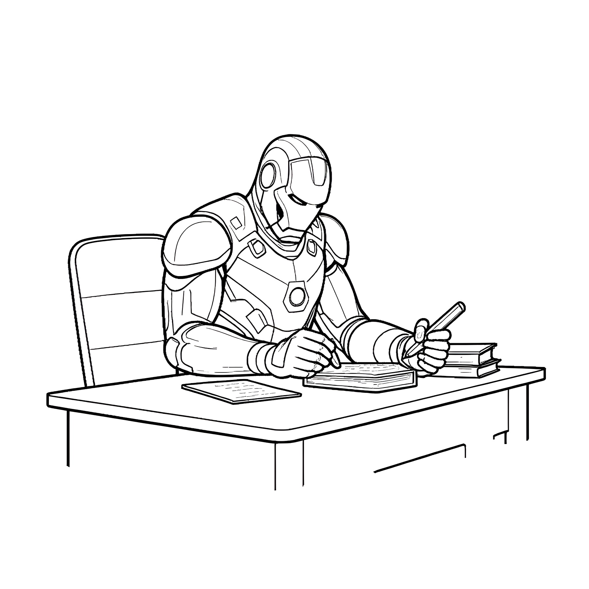Iron Man working diligently at his desk Coloring Page (free black-and-white line drawing printable PDF for all, from beginners to advanced learners, including children, teens, adults, and seniors)