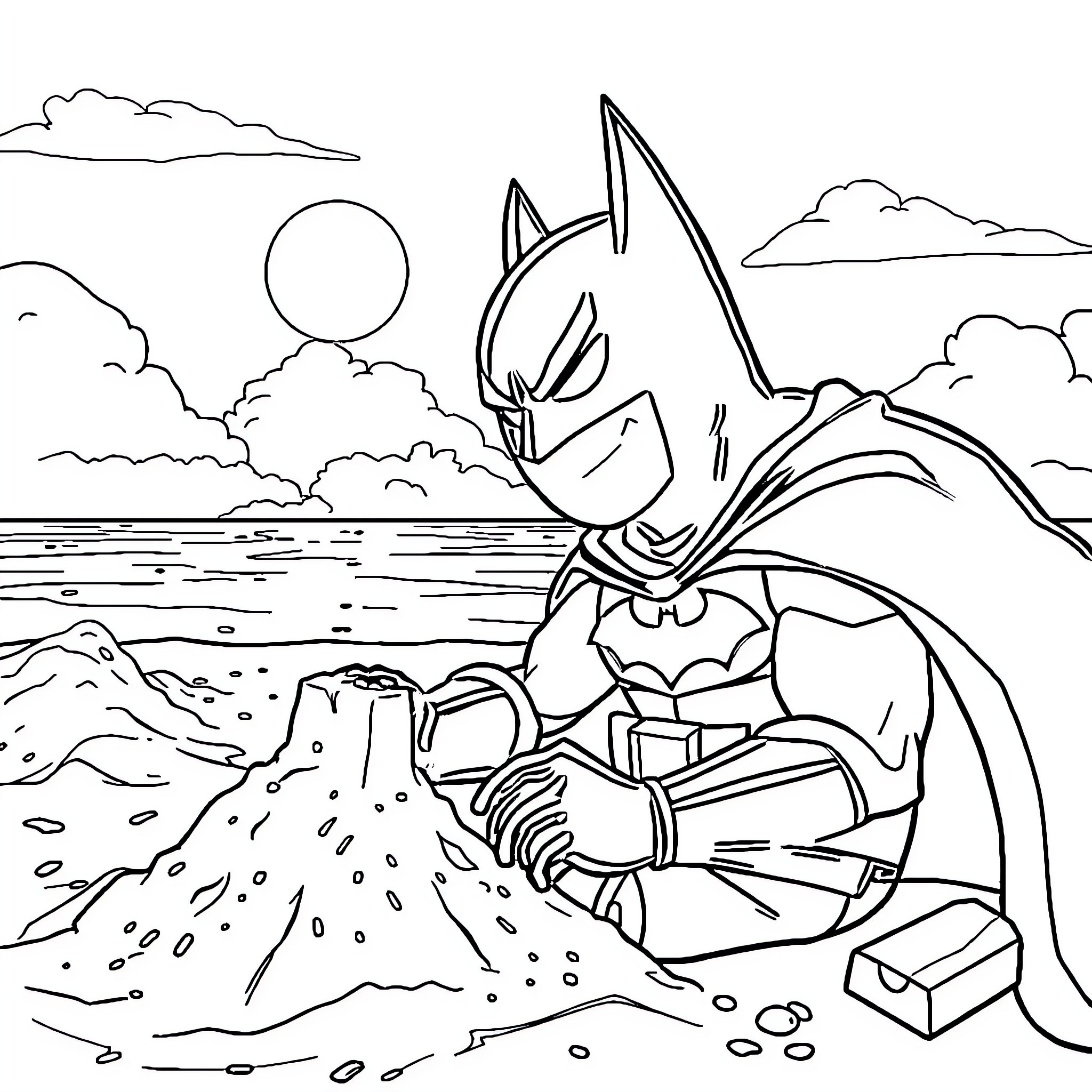 Batman on a Dramatic Nighttime Adventure Coloring Page (free black-and-white line drawing printable PDF for all, from beginners to advanced learners, including children, teens, adults, and seniors)
