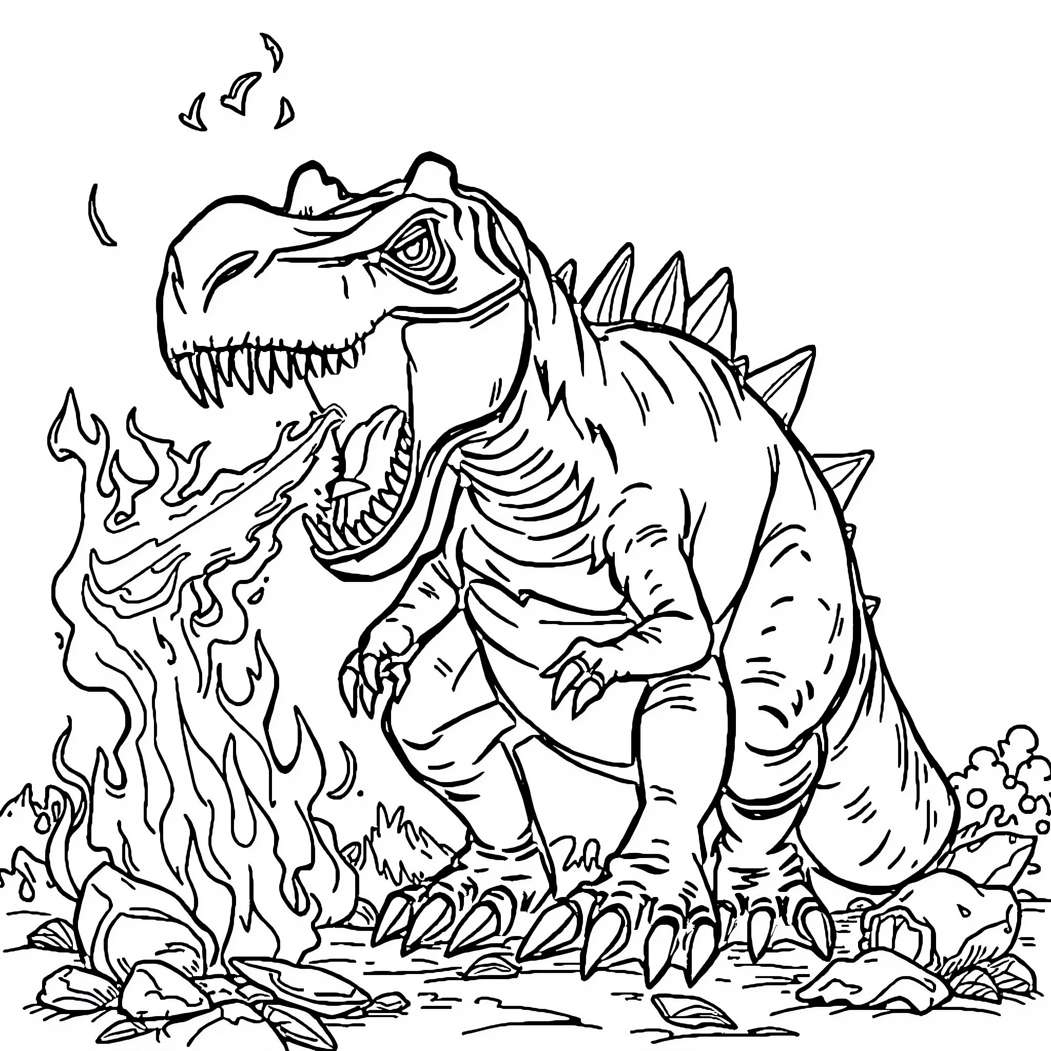 Dinosaur in a fierce roar amidst flames and destruction Coloring Page (free black-and-white line drawing printable PDF for all, from beginners to advanced learners, including children, teens, adults, and seniors)