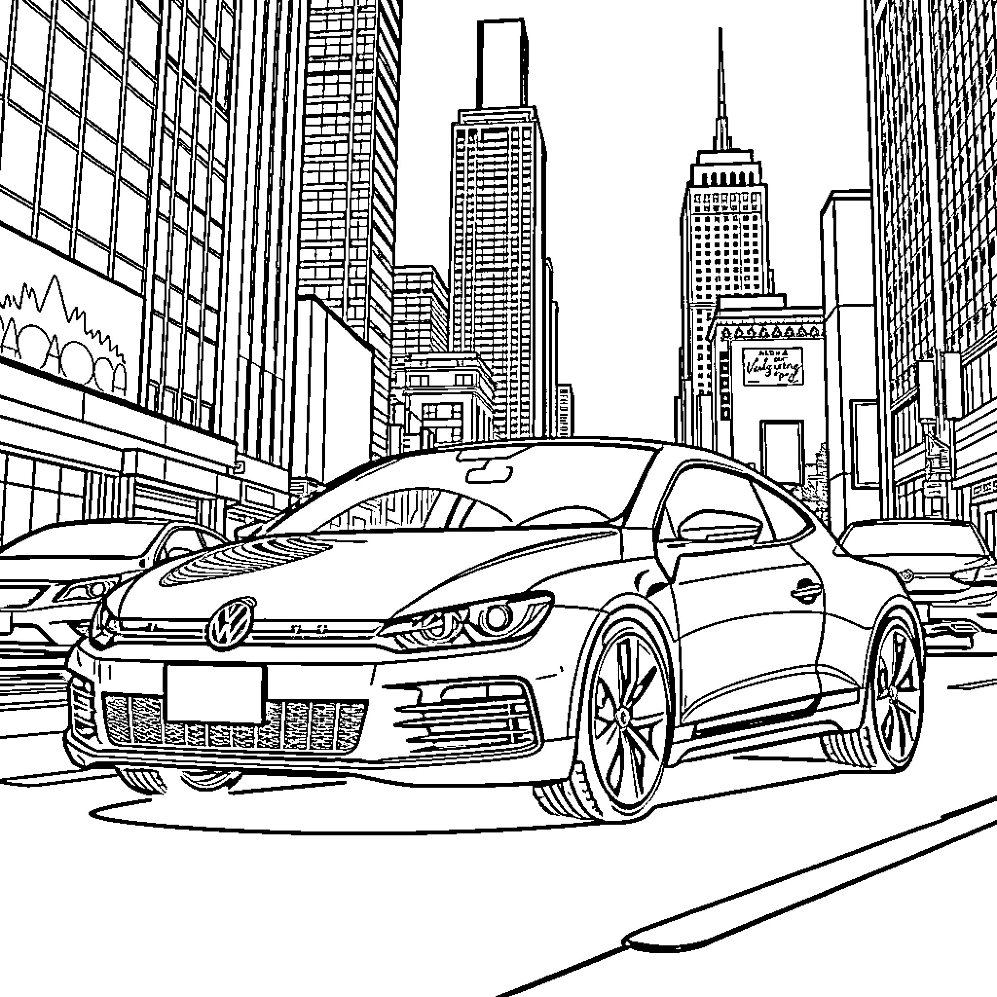 Volkswagen sports car in the city streets Coloring Page (free black-and-white line drawing printable PDF for all, from beginners to advanced learners, including children, teens, adults, and seniors)