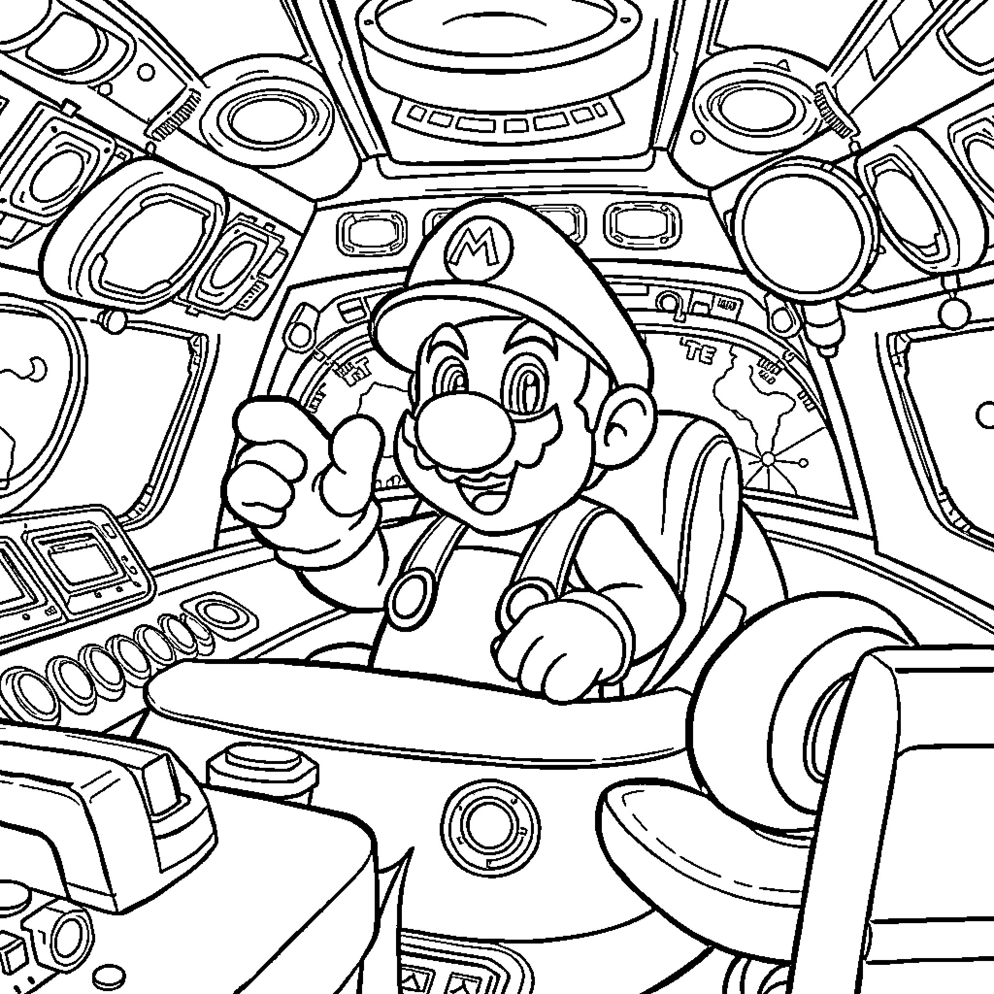 Mario's Merry Mechanic Maneuvering Coloring Page (free black-and-white line drawing printable PDF for all, from beginners to advanced learners, including children, teens, adults, and seniors)
