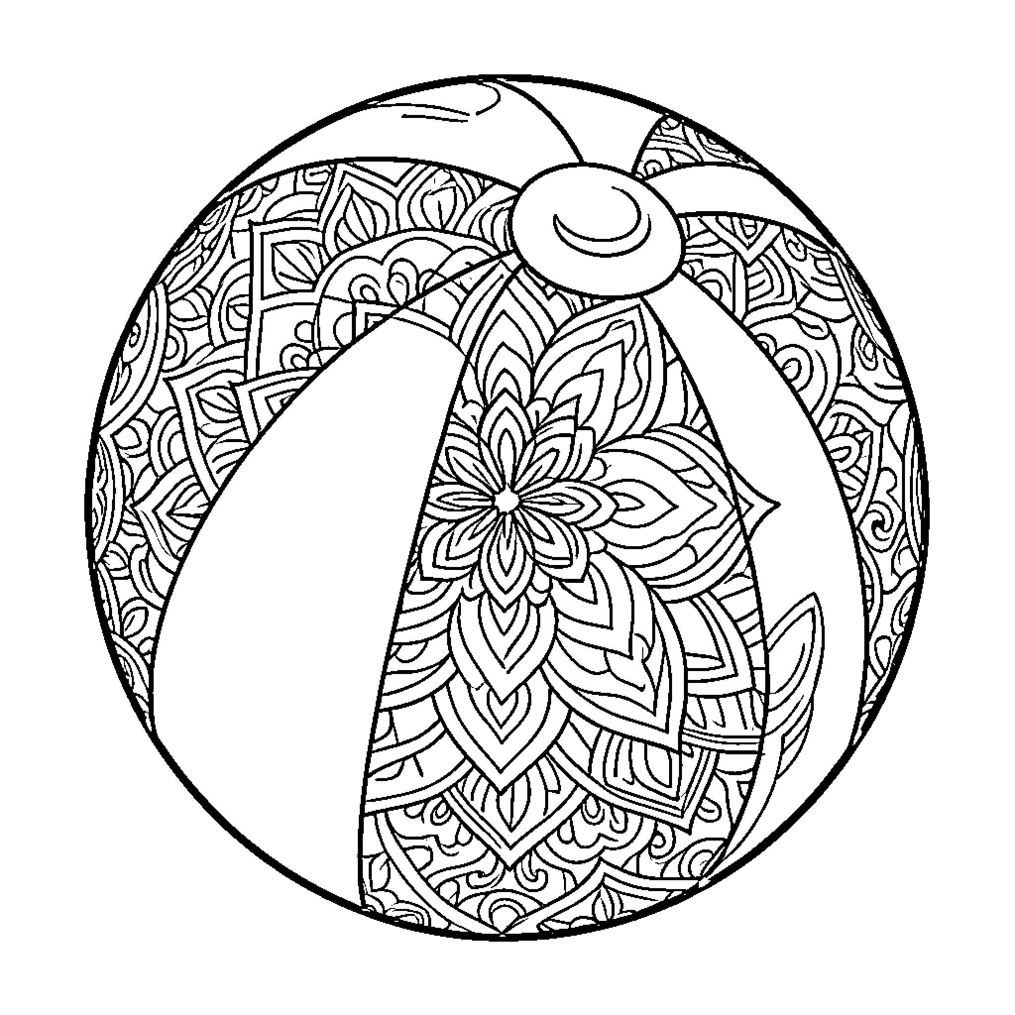 Beach Ball decorated with intricate floral mandala patterns Coloring Page (free black-and-white line drawing printable PDF for all, from beginners to advanced learners, including children, teens, adults, and seniors)