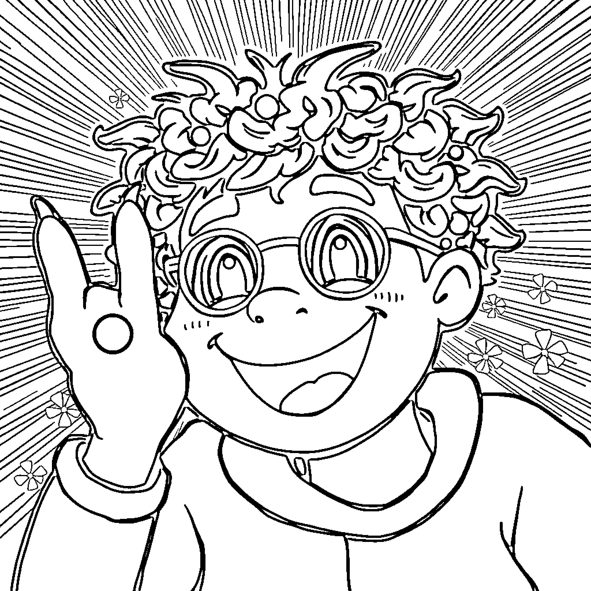 Surprise! Cheerful boy making a funny face Coloring Page (free black-and-white line drawing printable PDF for all, from beginners to advanced learners, including children, teens, adults, and seniors)