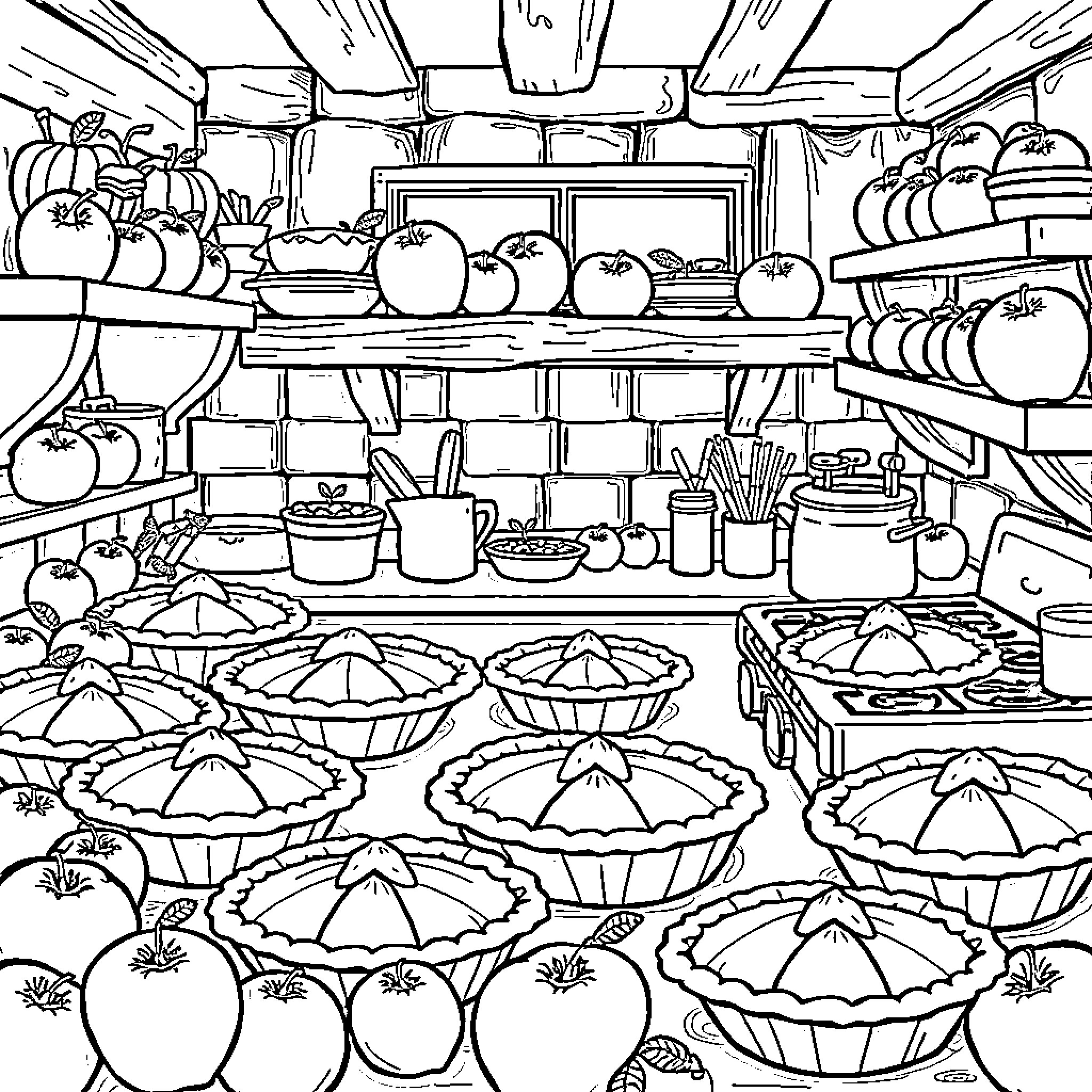 Pie Filled Shelves in Cozy Kitchen Coloring Page (free black-and-white line drawing printable PDF for all, from beginners to advanced learners, including children, teens, adults, and seniors)