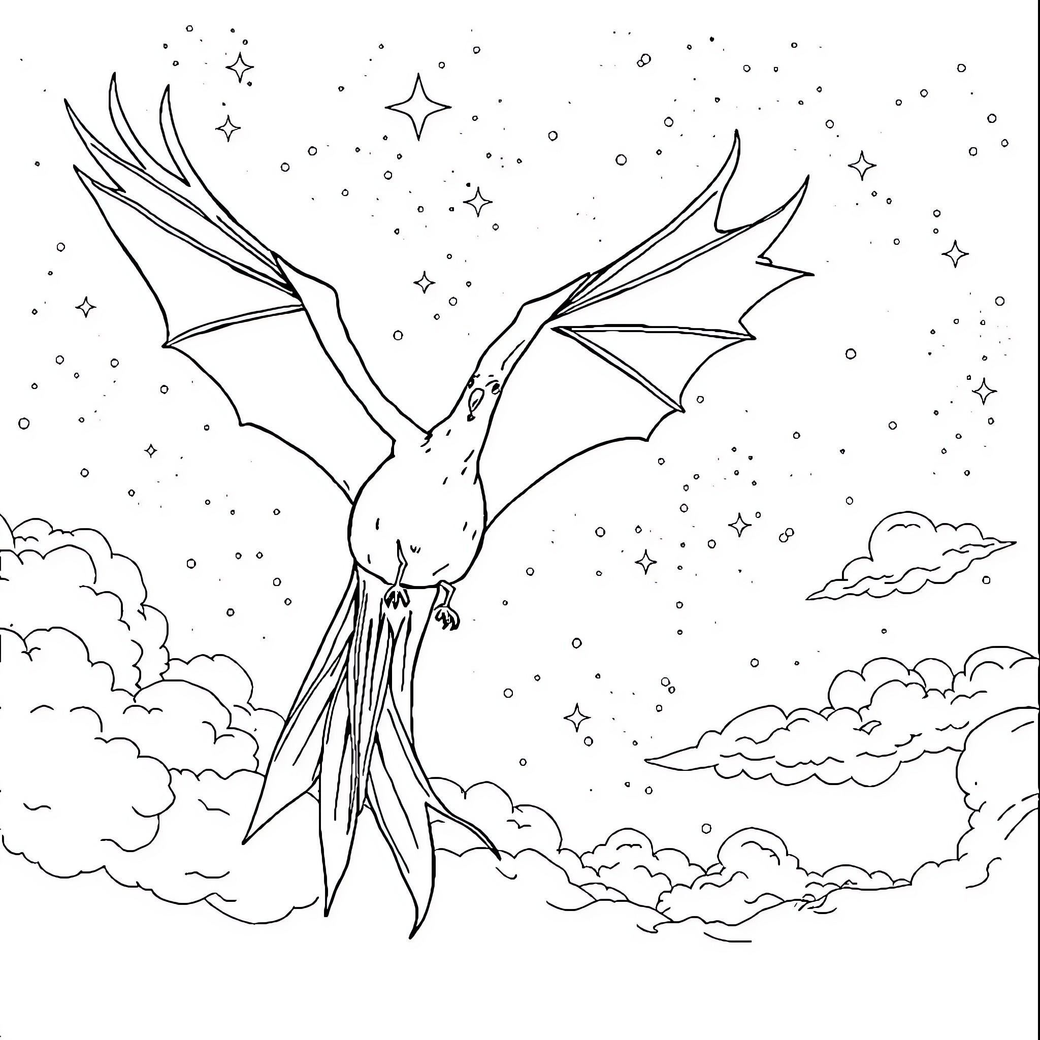 Jeremstar's Magical Dragon Adventure in the Starry Night Sky Coloring Page (free black-and-white line drawing printable PDF for all, from beginners to advanced learners, including children, teens, adults, and seniors)