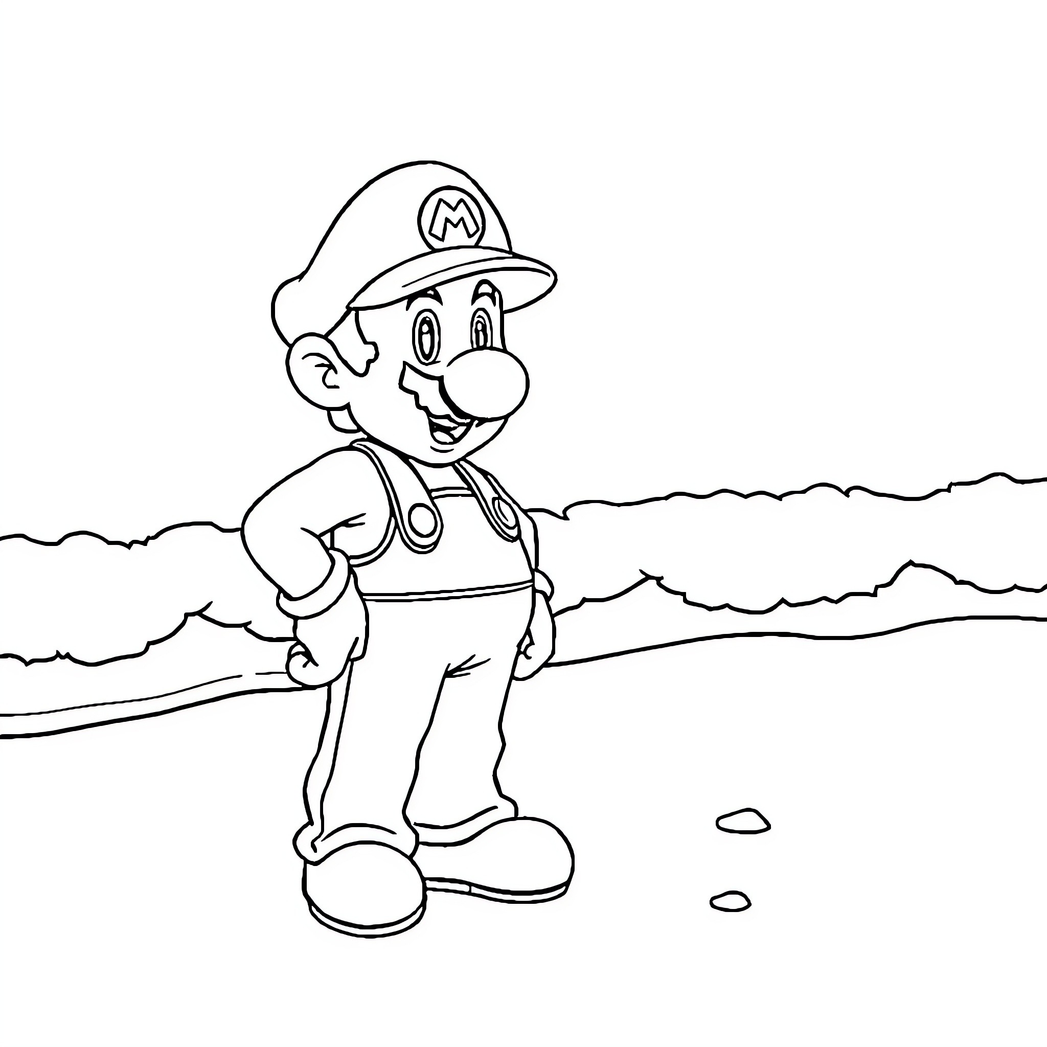 Mario exploring the landscape Coloring Page (free black-and-white line drawing printable PDF for all, from beginners to advanced learners, including children, teens, adults, and seniors)