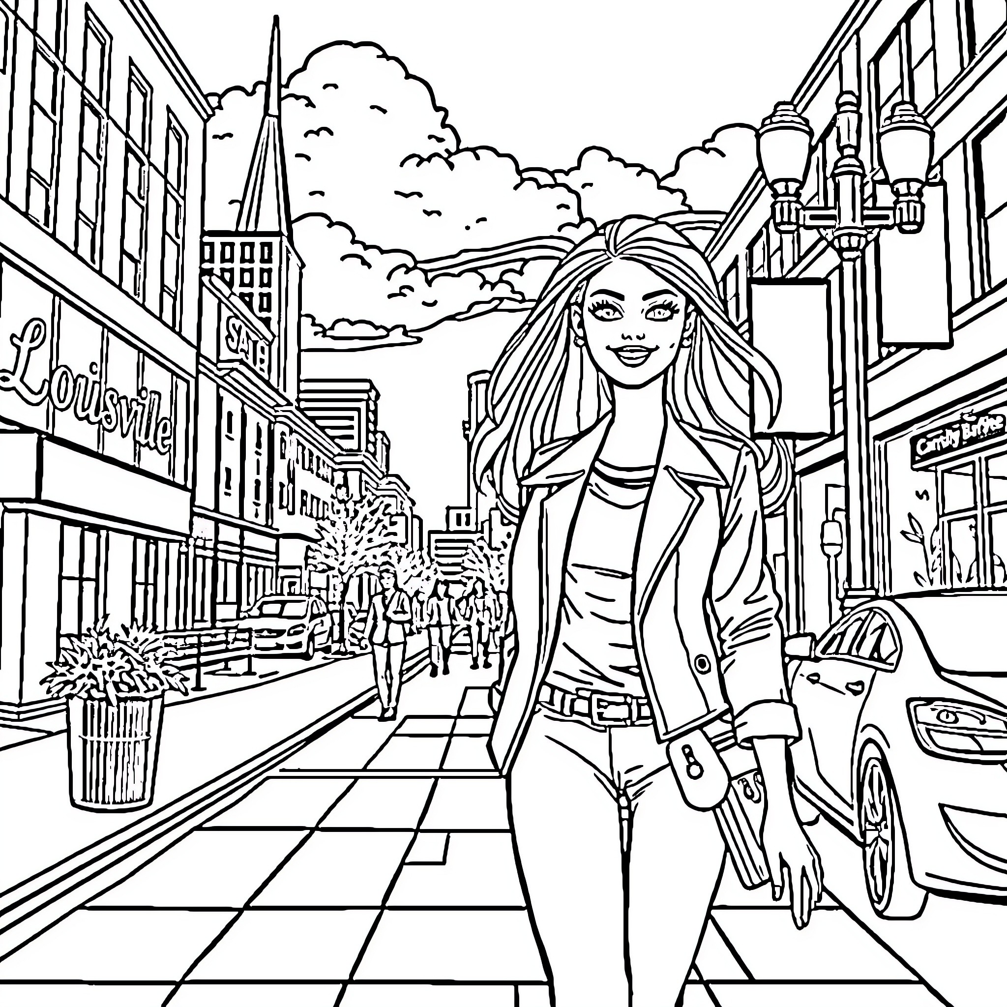 Barbie enjoying the city sights and shopping Coloring Page (free black-and-white line drawing printable PDF for all, from beginners to advanced learners, including children, teens, adults, and seniors)