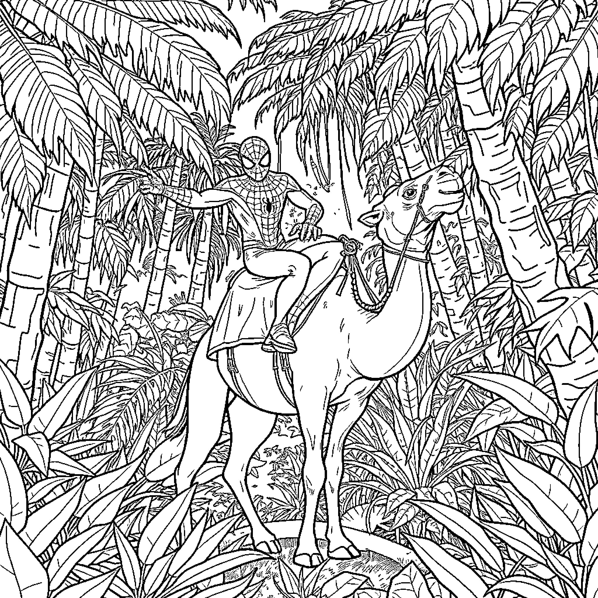 Spider-Man riding a camel through a tropical jungle Coloring Page (free black-and-white line drawing printable PDF for all, from beginners to advanced learners, including children, teens, adults, and seniors)