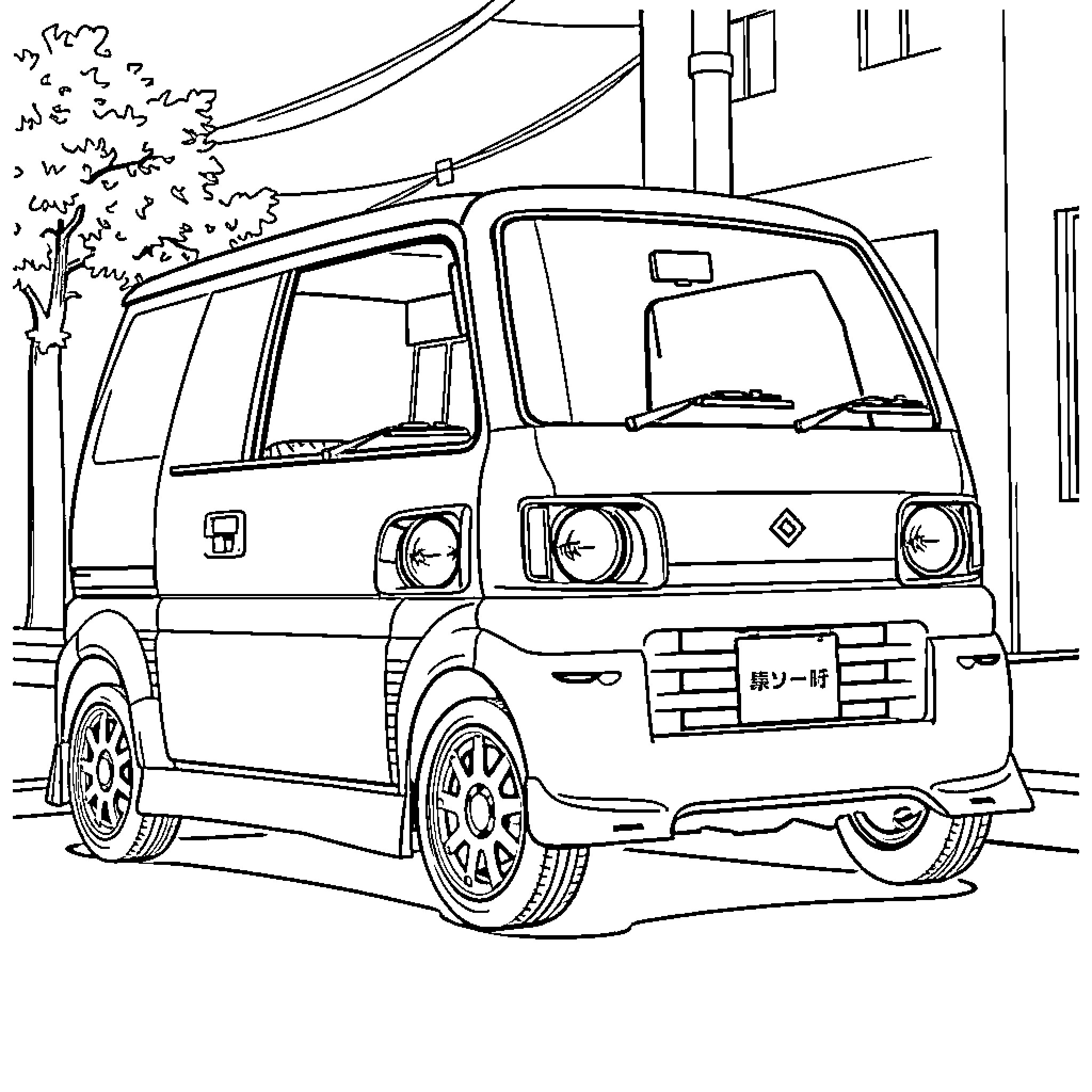 Daihatsu minivan in urban street setting Coloring Page (free black-and-white line drawing printable PDF for all, from beginners to advanced learners, including children, teens, adults, and seniors)