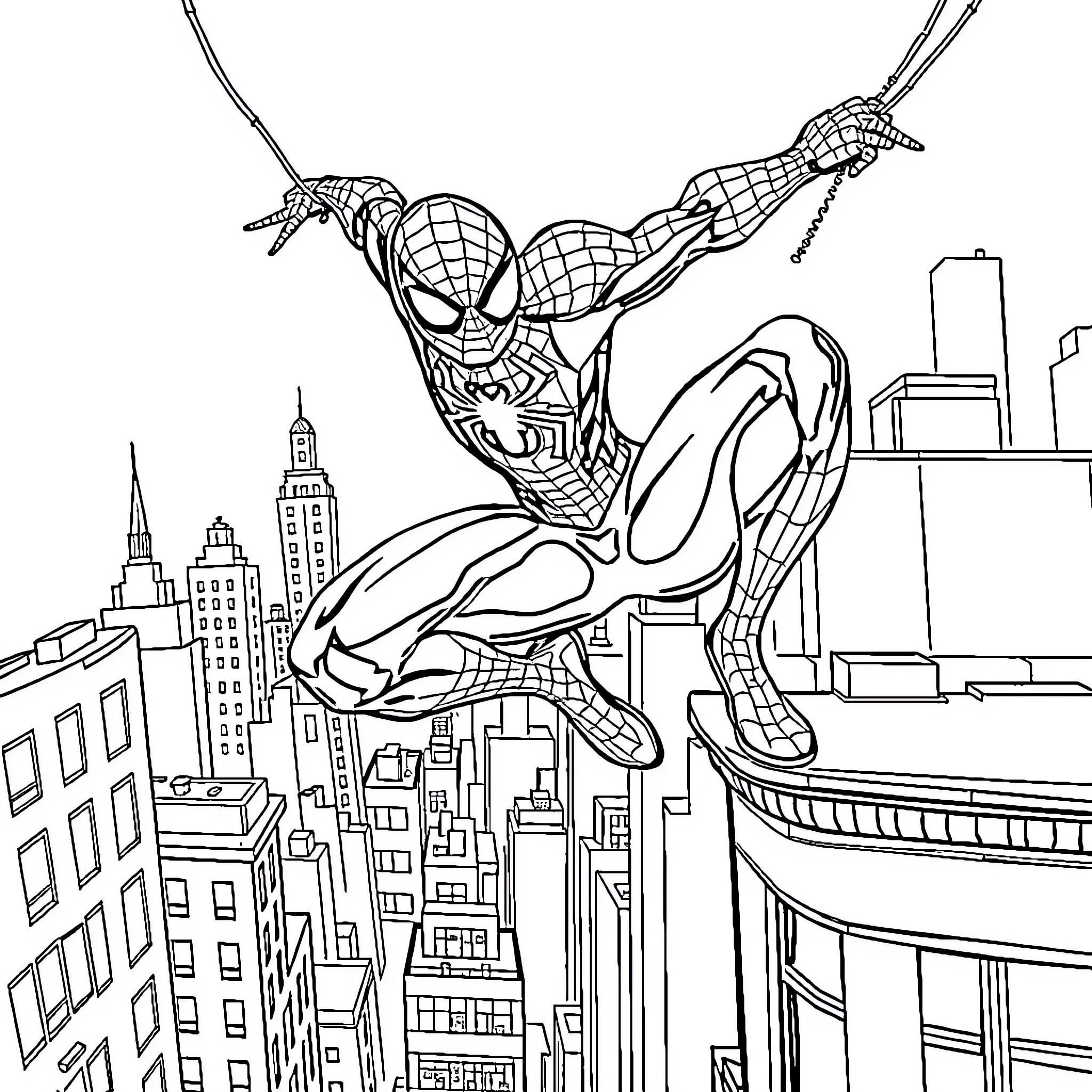 Spidey swinging through the city skyline Coloring Page (free black-and-white line drawing printable PDF for all, from beginners to advanced learners, including children, teens, adults, and seniors)