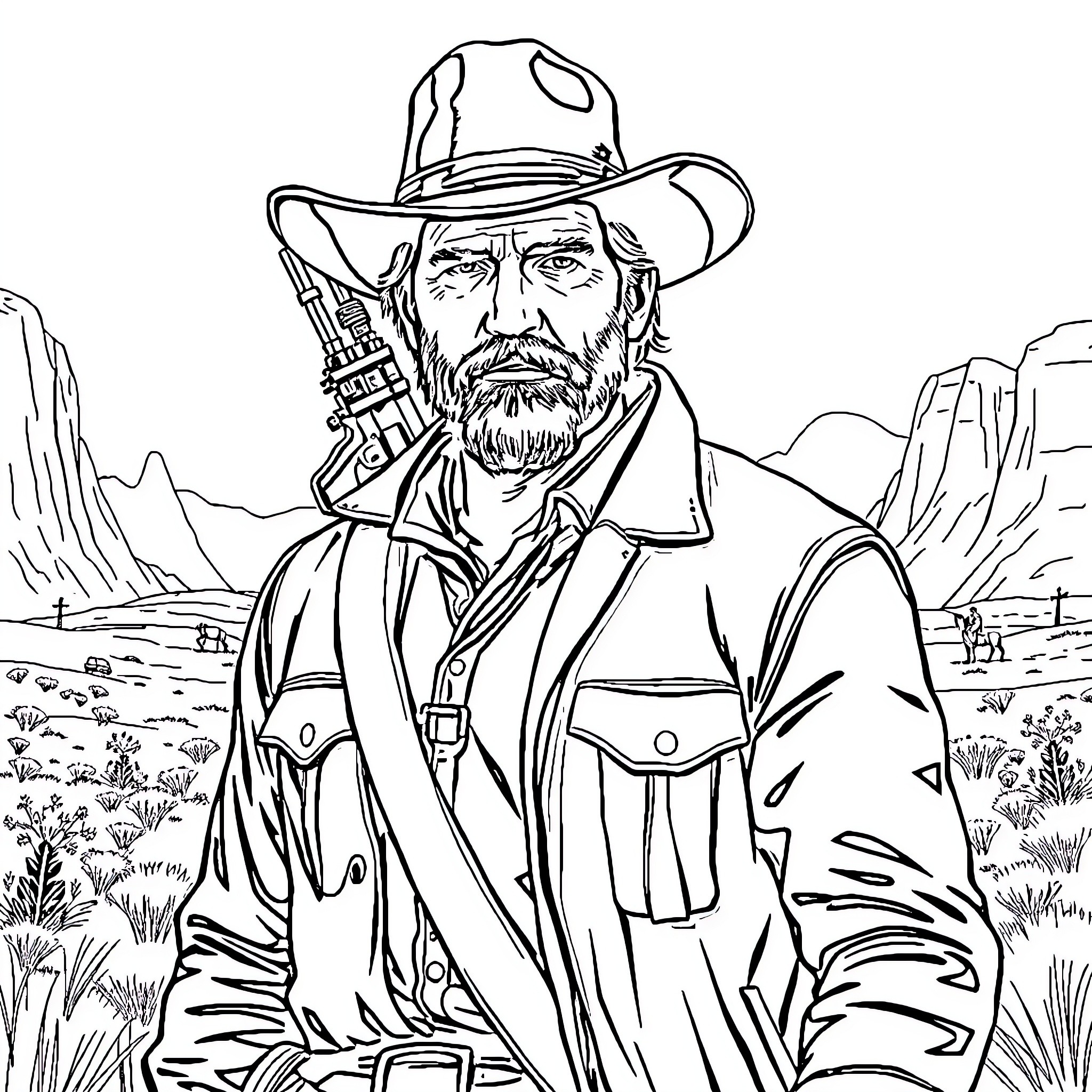 Arthur, the rugged cowboy standing tall in the Western landscape Coloring Page (free black-and-white line drawing printable PDF for all, from beginners to advanced learners, including children, teens, adults, and seniors)