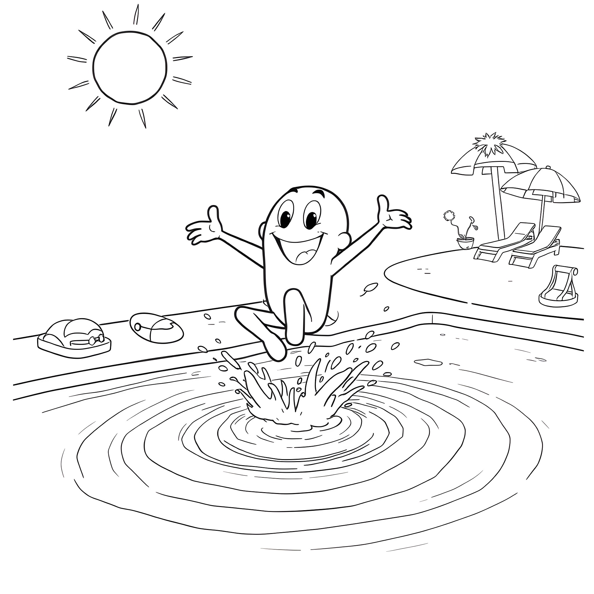 Goob splashing happily in the pool Coloring Page (free black-and-white line drawing printable PDF for all, from beginners to advanced learners, including children, teens, adults, and seniors)