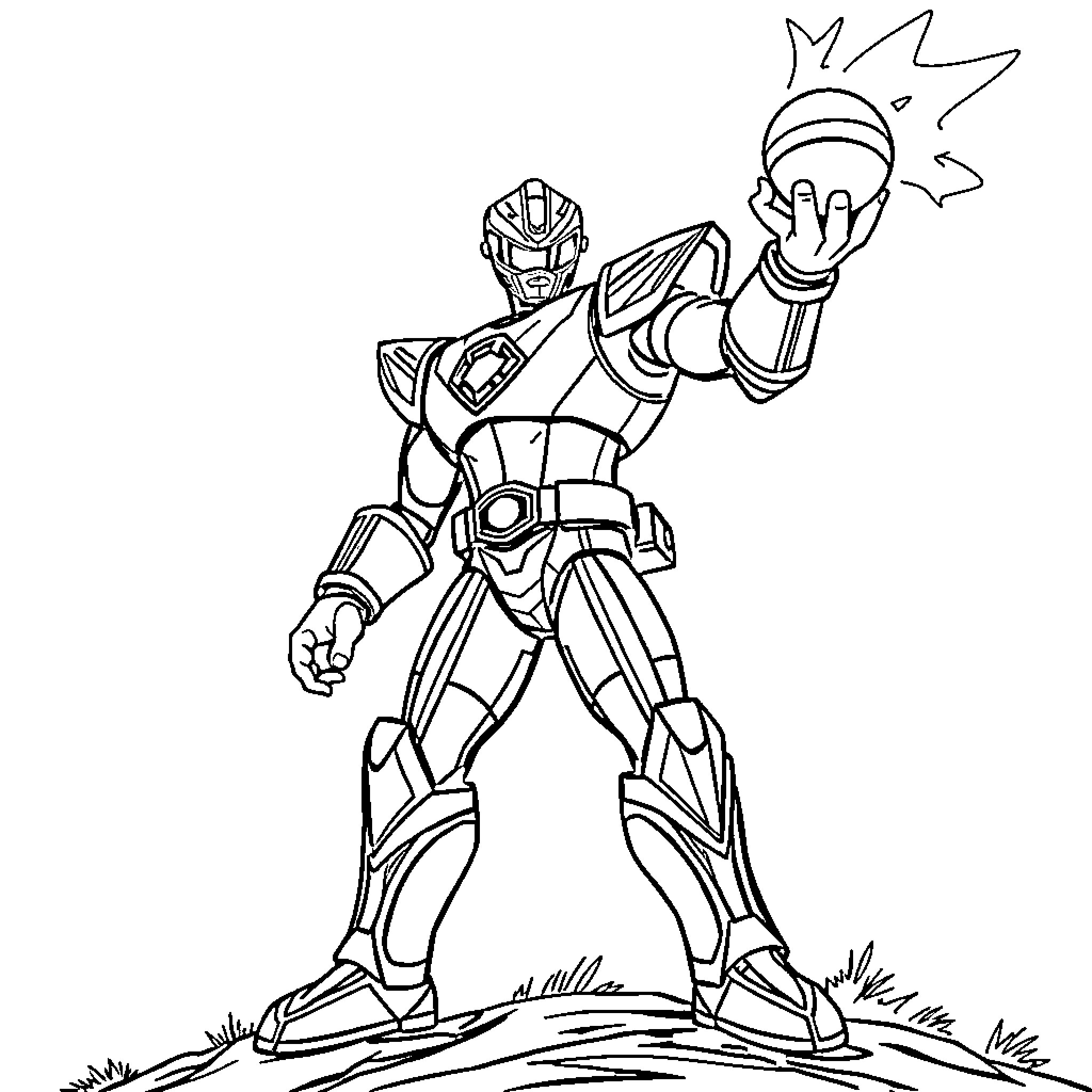Power Ranger strikes heroic pose in action scene Coloring Page (free black-and-white line drawing printable PDF for all, from beginners to advanced learners, including children, teens, adults, and seniors)