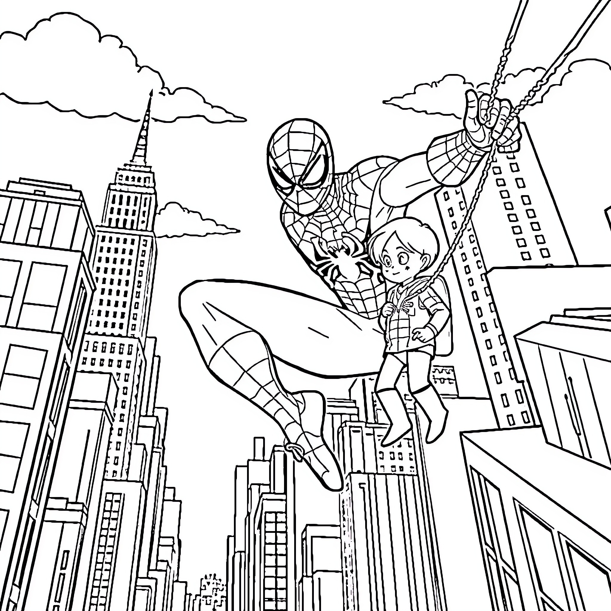 Spiderman swinging through the city with a child Coloring Page (free black-and-white line drawing printable PDF for all, from beginners to advanced learners, including children, teens, adults, and seniors)