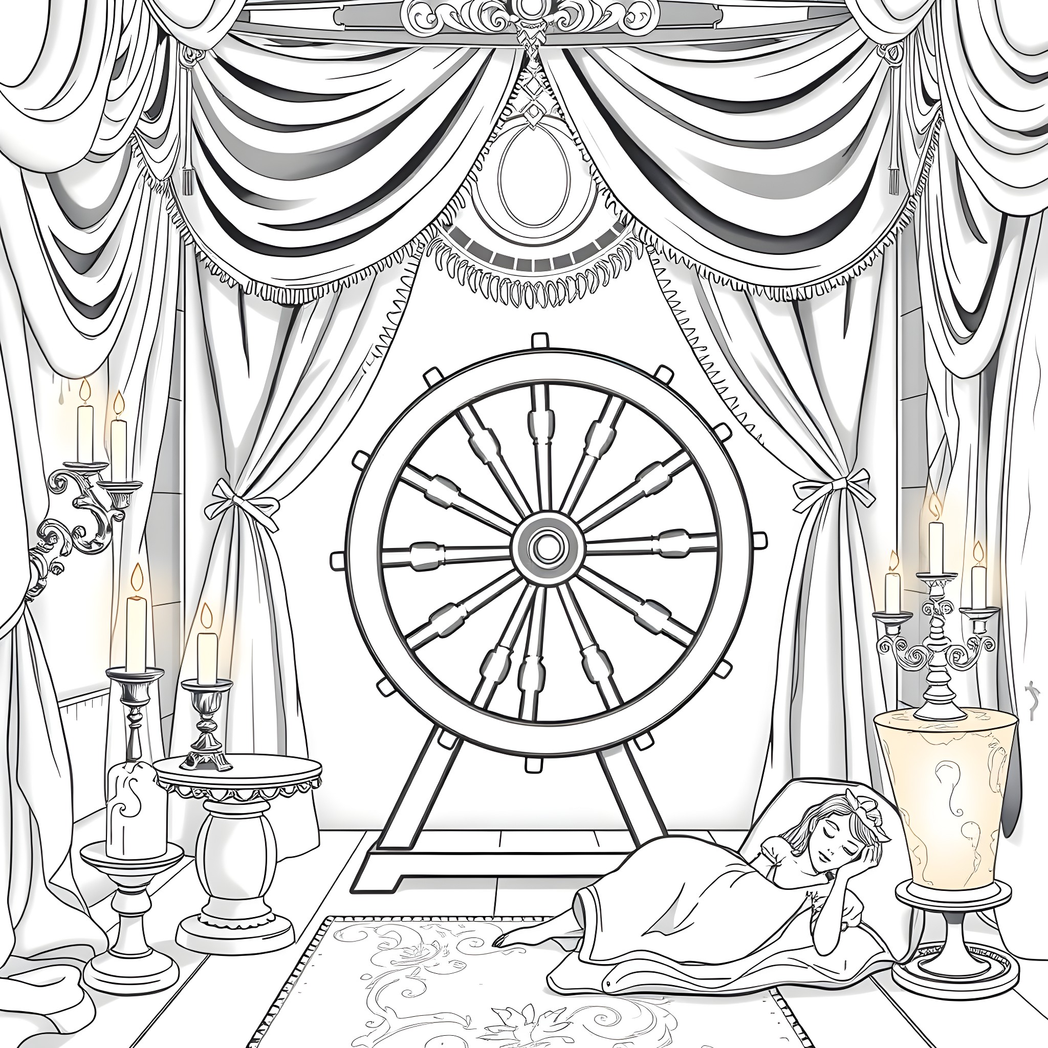 Sleeping Beauty resting in an elegant chamber Coloring Page (free black-and-white line drawing printable PDF for all, from beginners to advanced learners, including children, teens, adults, and seniors)