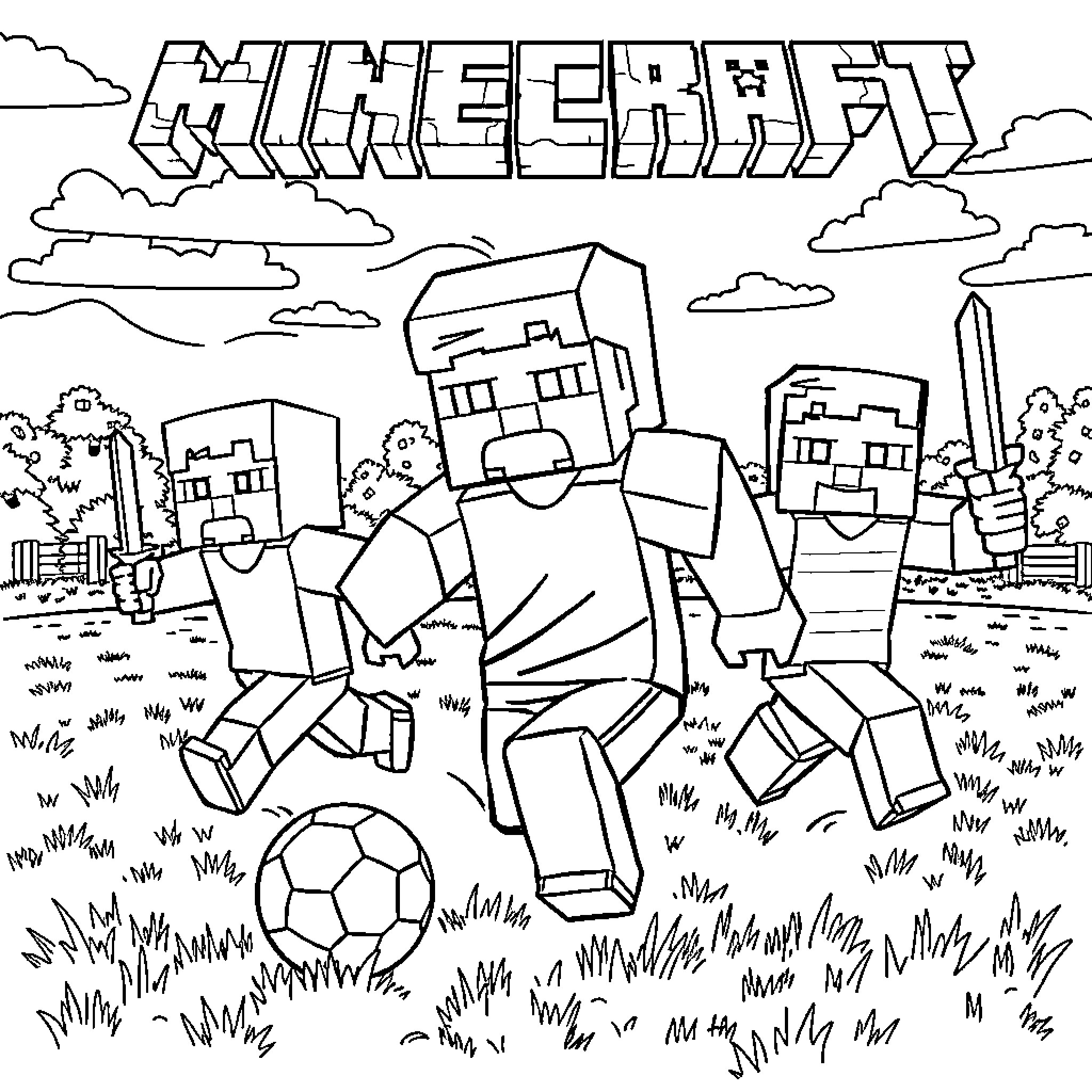 Minecraft characters playing soccer in the park Coloring Page (free black-and-white line drawing printable PDF for all, from beginners to advanced learners, including children, teens, adults, and seniors)