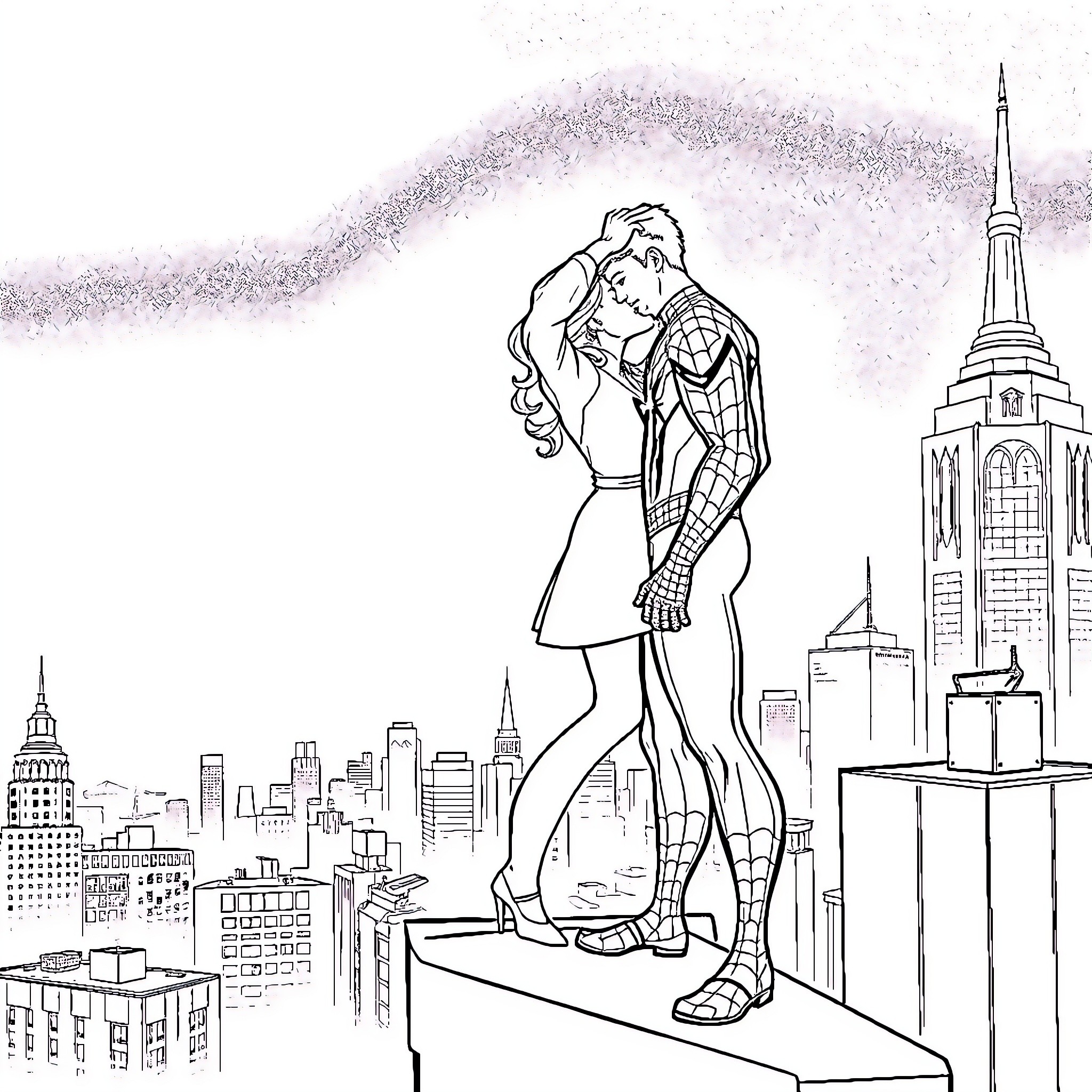 Spiderman heroically embraces lover on city rooftops Coloring Page (free black-and-white line drawing printable PDF for all, from beginners to advanced learners, including children, teens, adults, and seniors)