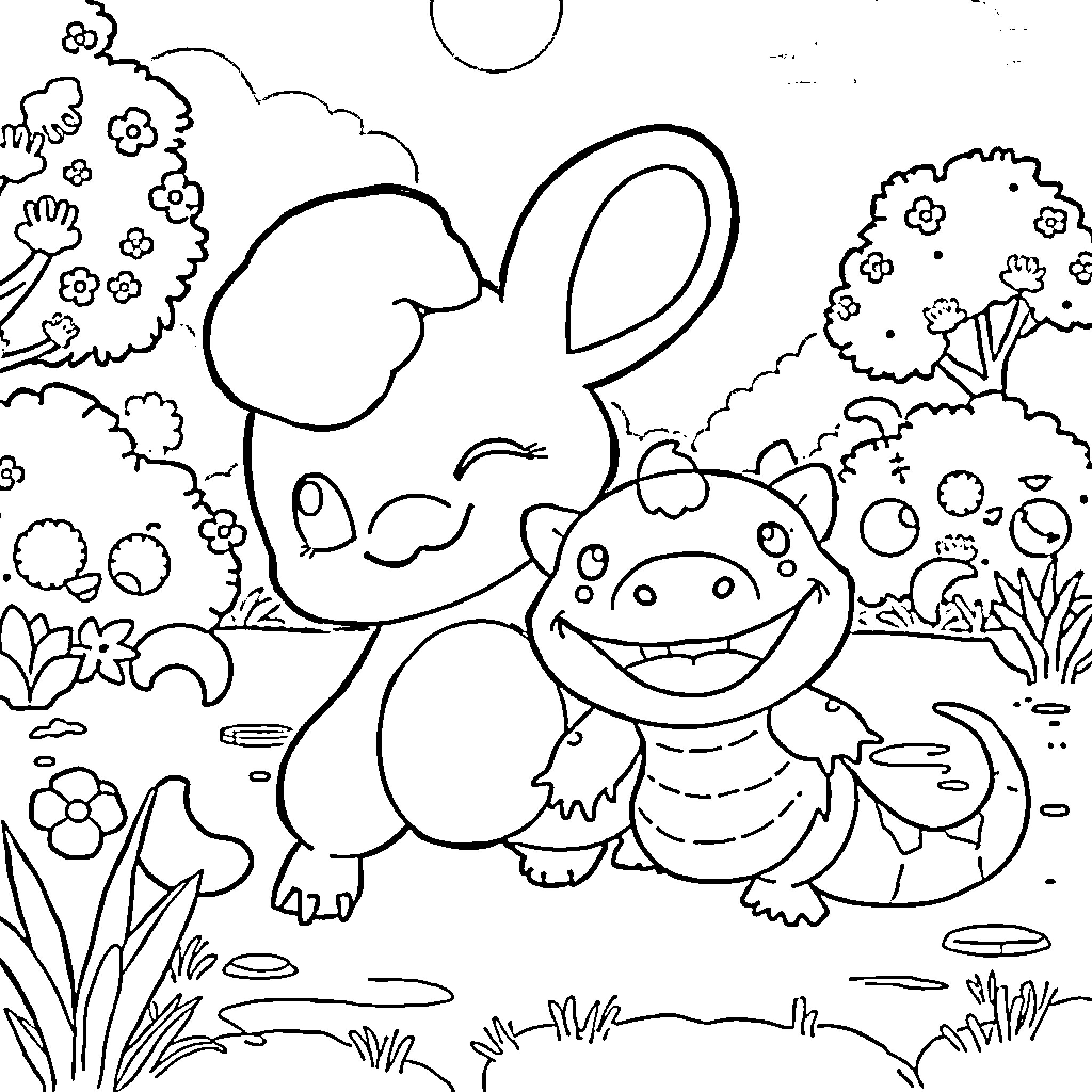 Cinnamonroll playing in a flowery meadow Coloring Page (free black-and-white line drawing printable PDF for all, from beginners to advanced learners, including children, teens, adults, and seniors)
